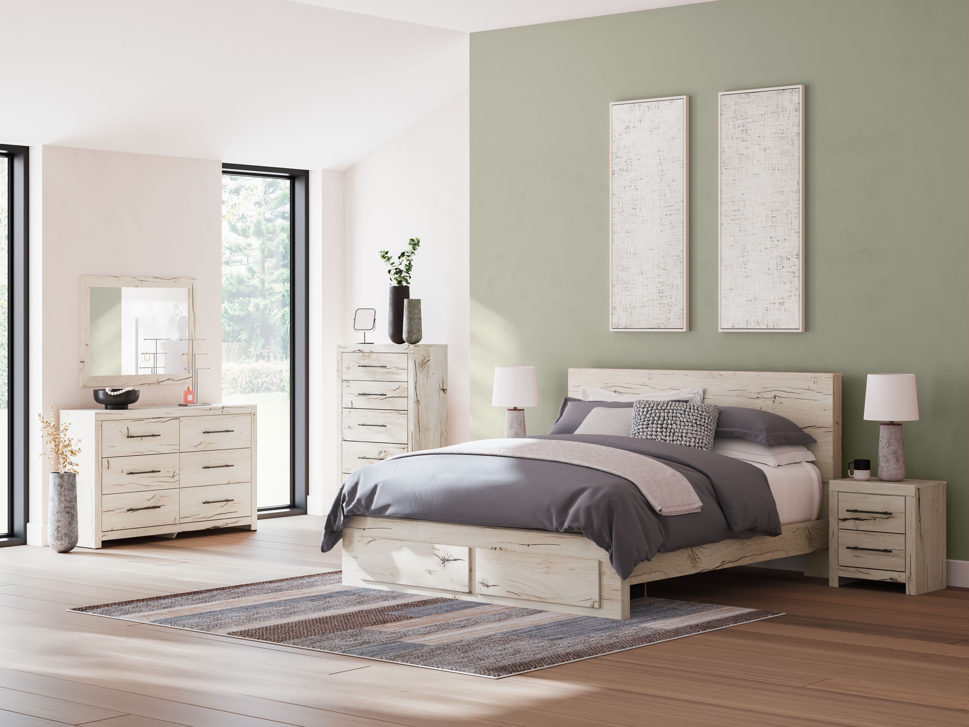 Ashley Lawroy - Light Natural - 7 Pc. - Dresser, Mirror, Chest, King Panel Bed With Storage Footboard