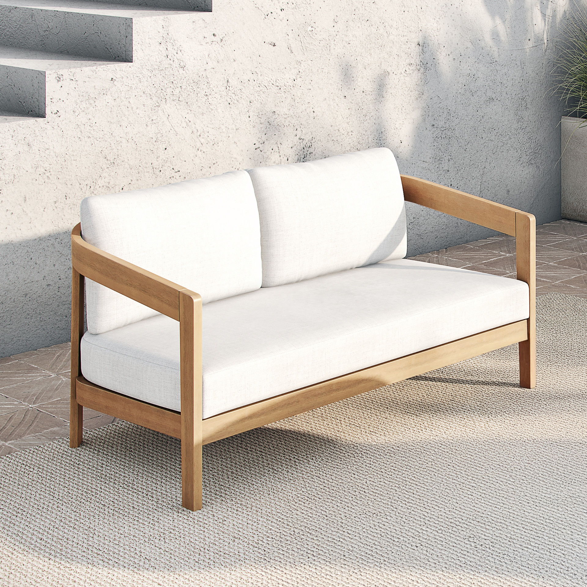 Wesley - Patio Loveseat With Cushions - White, light brown