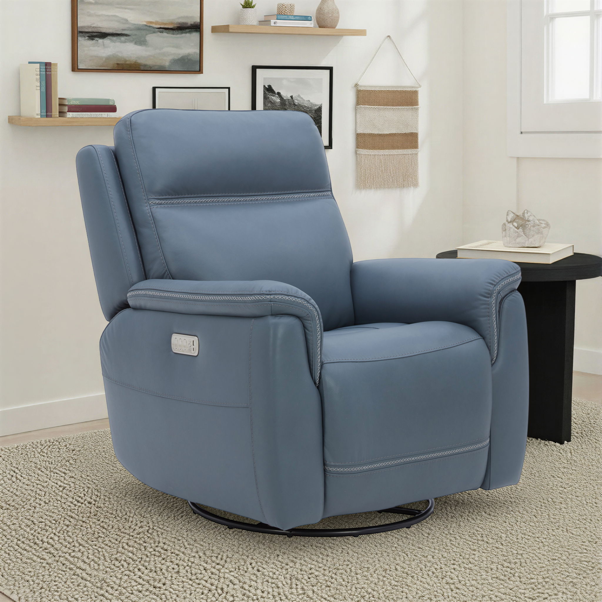 Sawyer - Swivel Glider With Power Headrest, Lumbar, Heat & Massage - Blue, blue