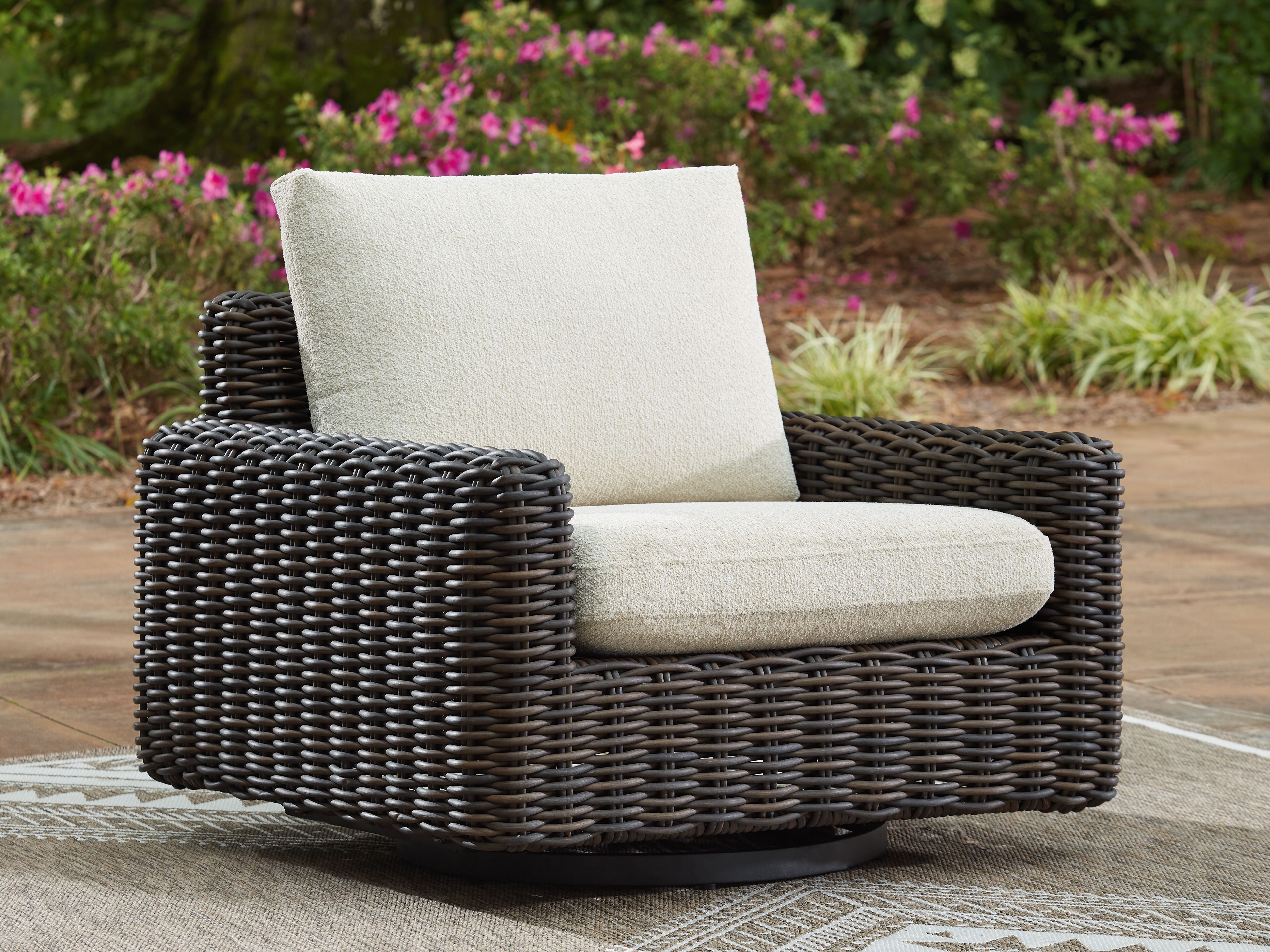 Ashley Furniture Kimora - 7 Pc. - 4-Piece Outdoor Sectional, Swivel Glider Lounge, Cocktail Table, End Table - Beige / Dark Brown - Image 4