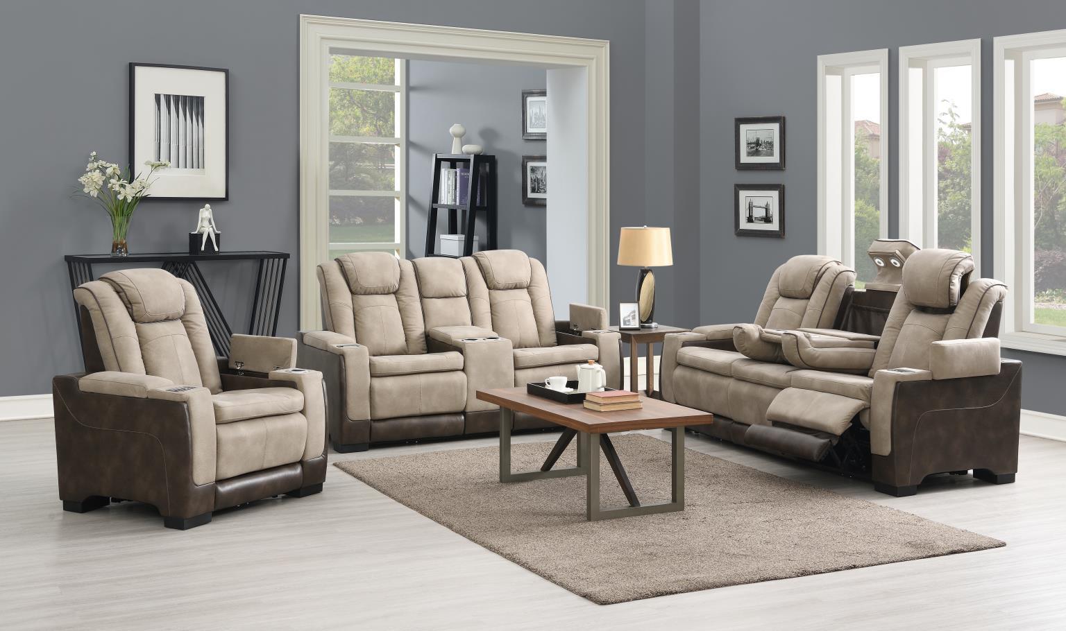 U78 - 3 Piece Living Room Set (Power Reclining Sofa & Power Reclining Loveseat, Power Reclining Chair) - Sand / Brown