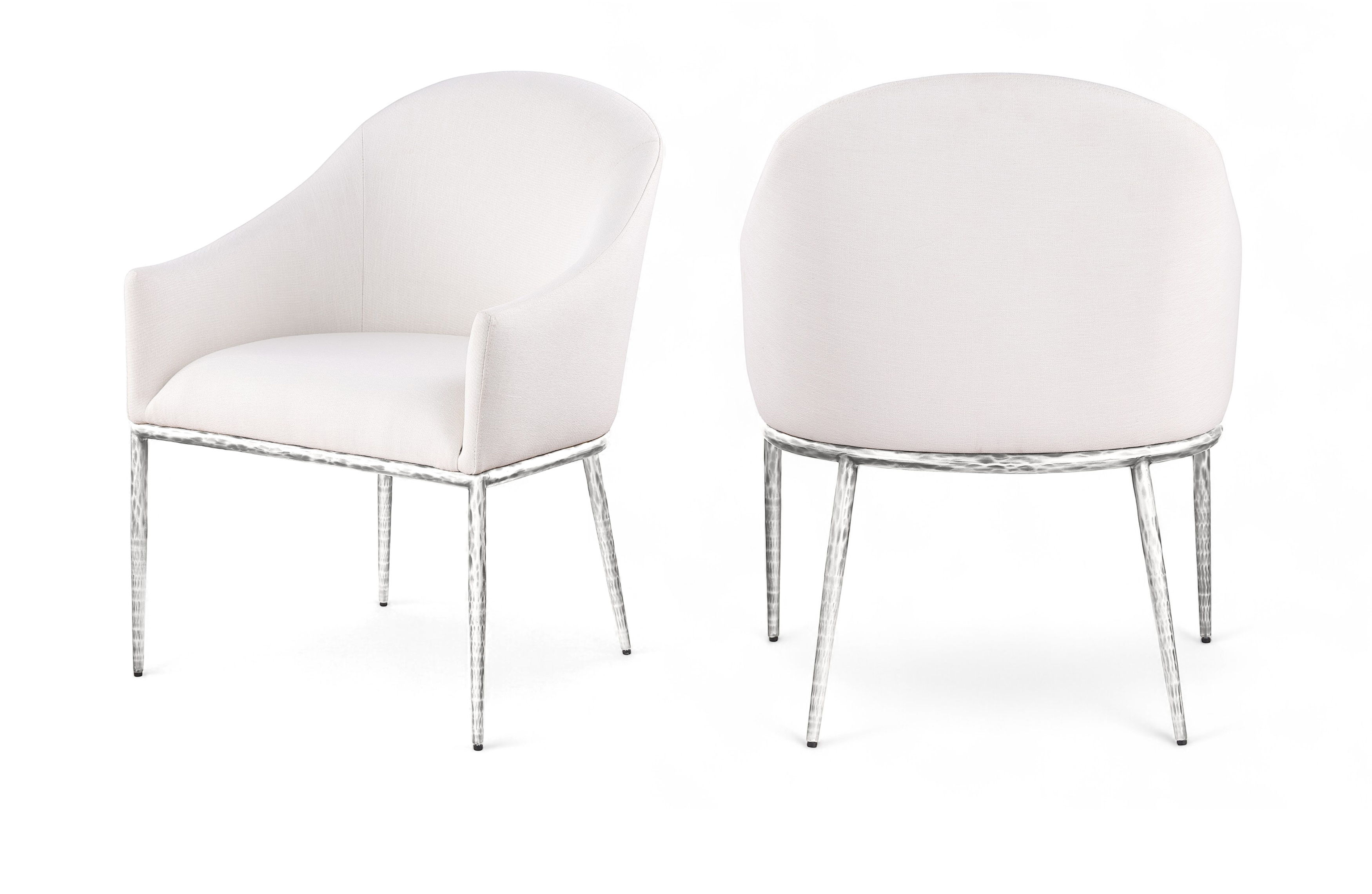 Ferro - Linen Textured Performance Fabric Upholstered Dining Arm Chair - Cream / Brushed Silver