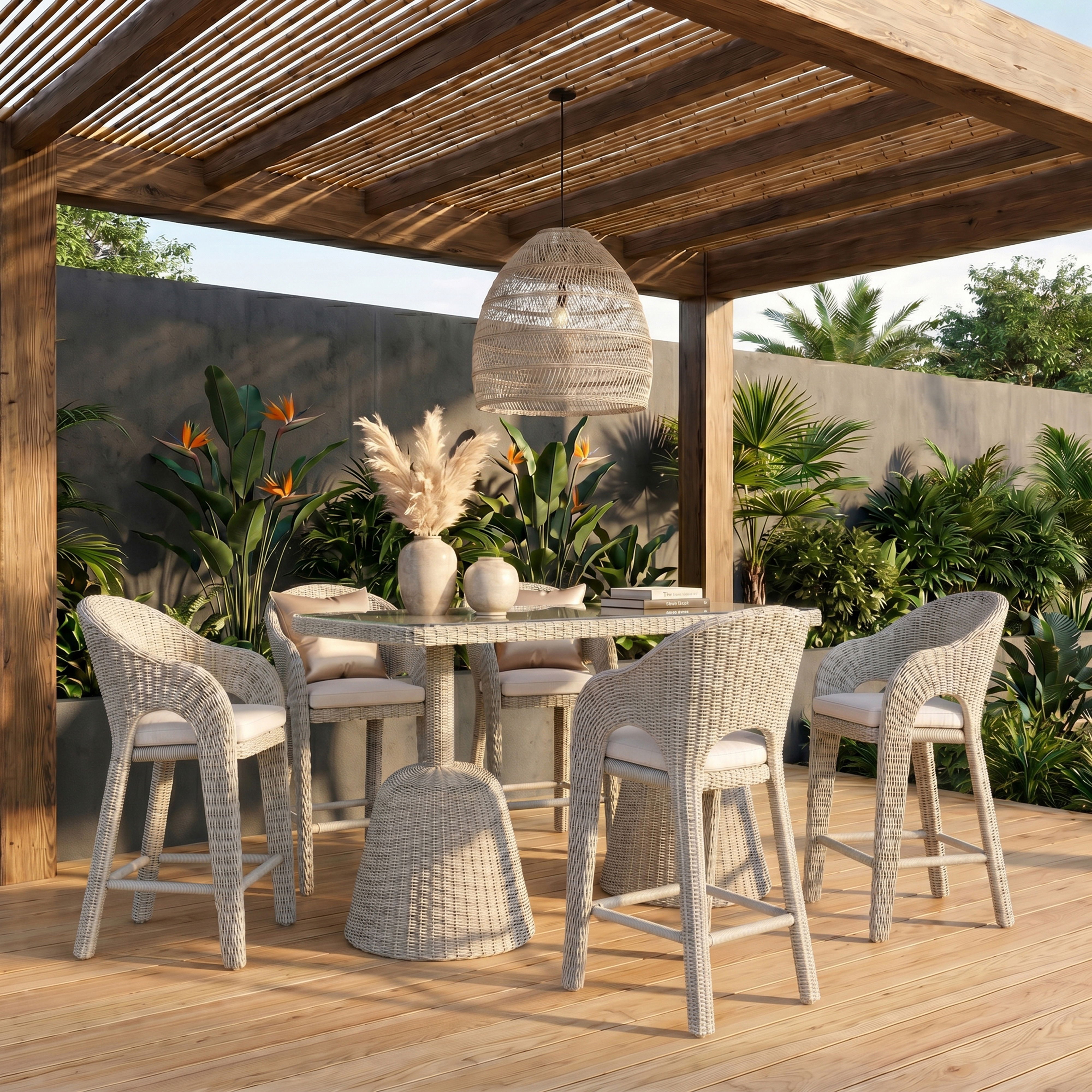 Seacrest - 60" Tempered Glass Top And Wicker Outdoor Patio Bar Height Table - Taupe