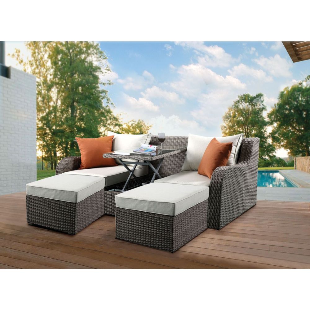 Salena - Patio Sofa With 2 Pillows & 2 Ottomans - Beige Fabric & Gray Wicker, beige, view 2