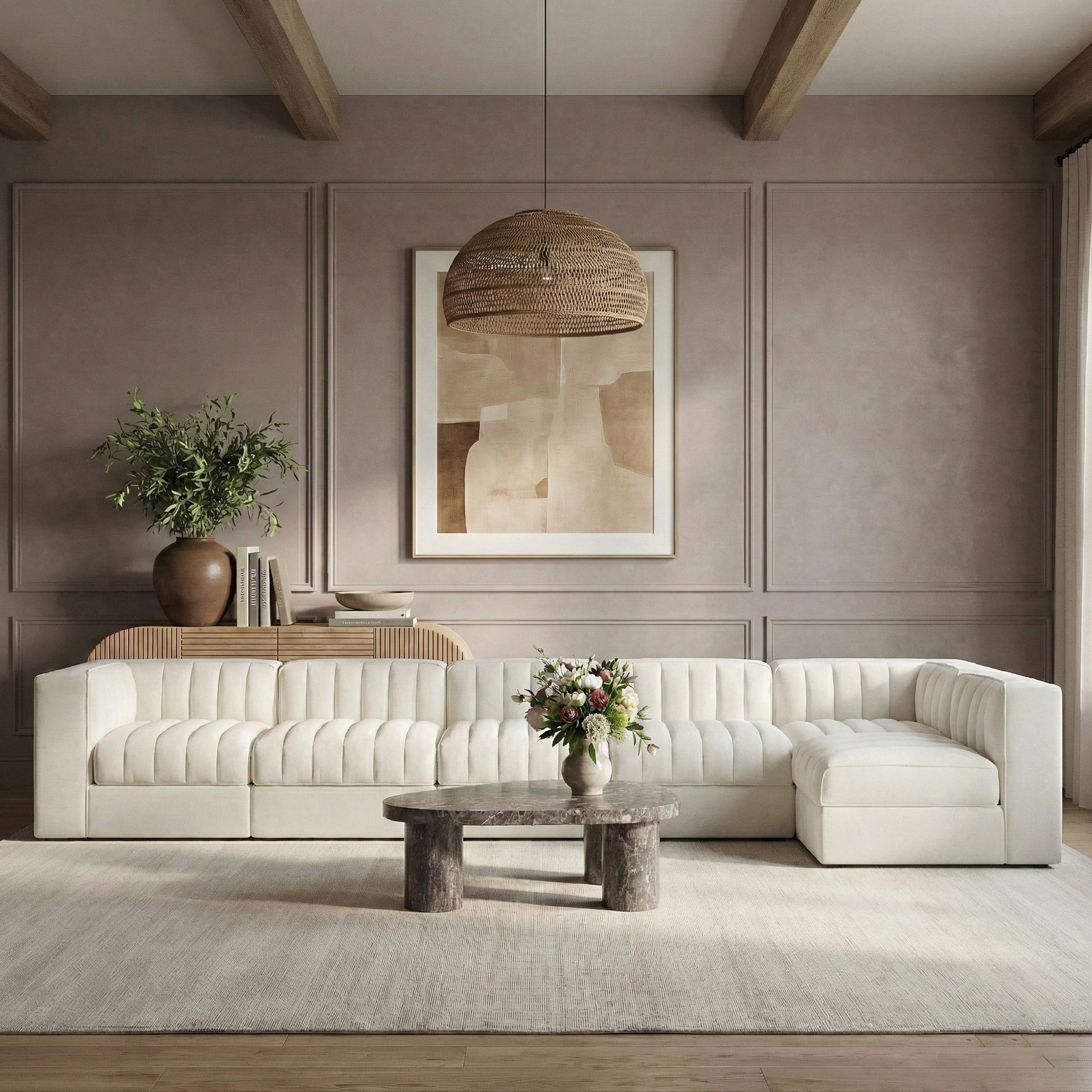 Rummi - Velvet Performance Fabric Upholstered 6 Piece Modular Sectional, L-Shaped (Right) - Cream