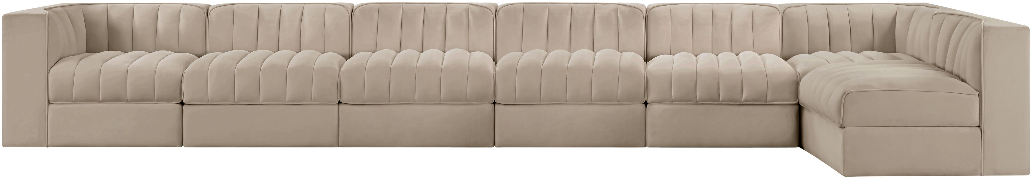 Rummi - Velvet Performance Fabric Upholstered 7 Piece Modular Sectional, L-Shaped (Right) - Beige