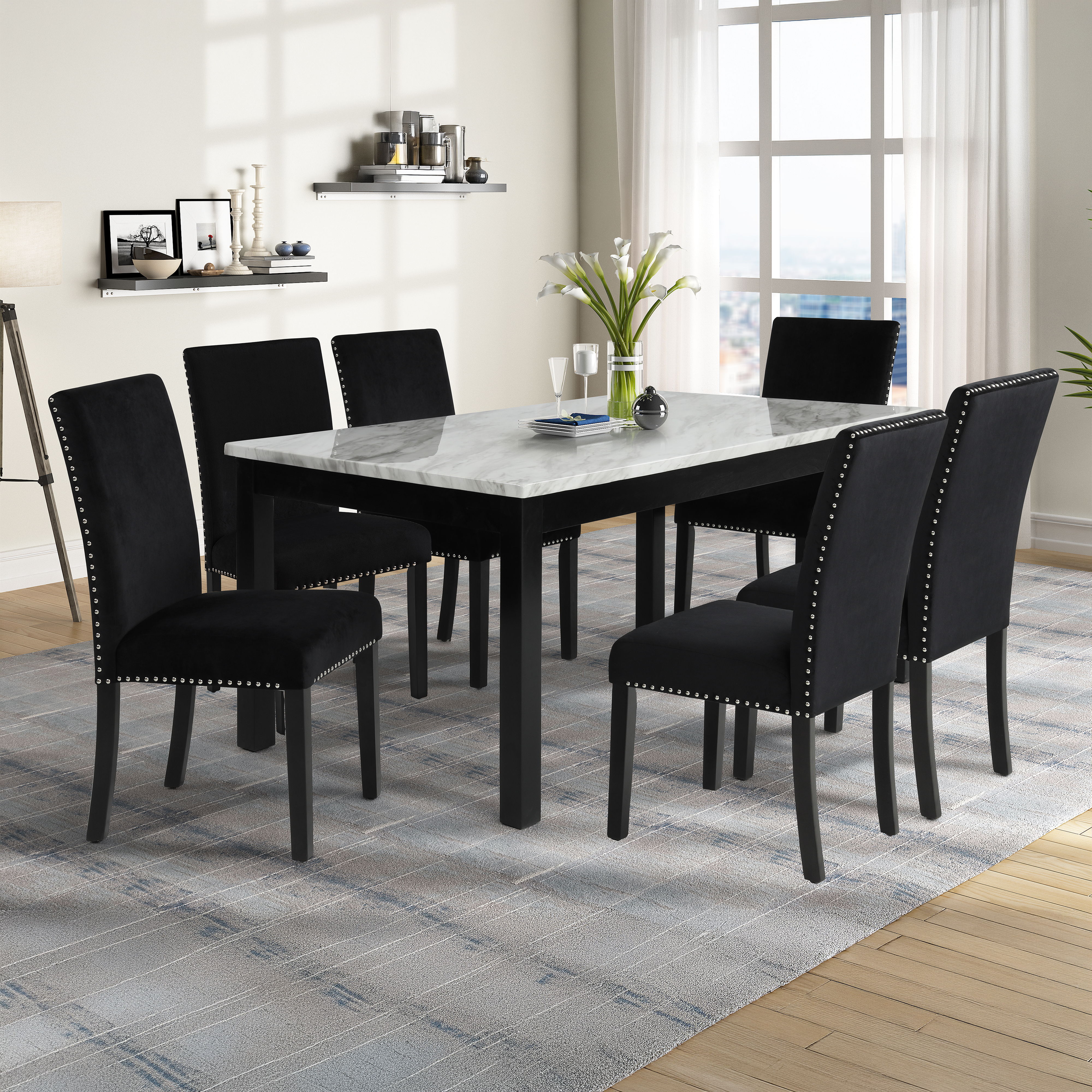 Celeste - Dining Table With 6 Chairs - Black / White