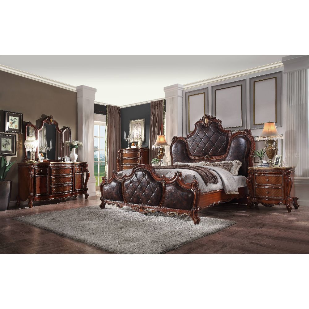 Picardy - Queen Bed - Synthetic Leather & Honey Oak, black