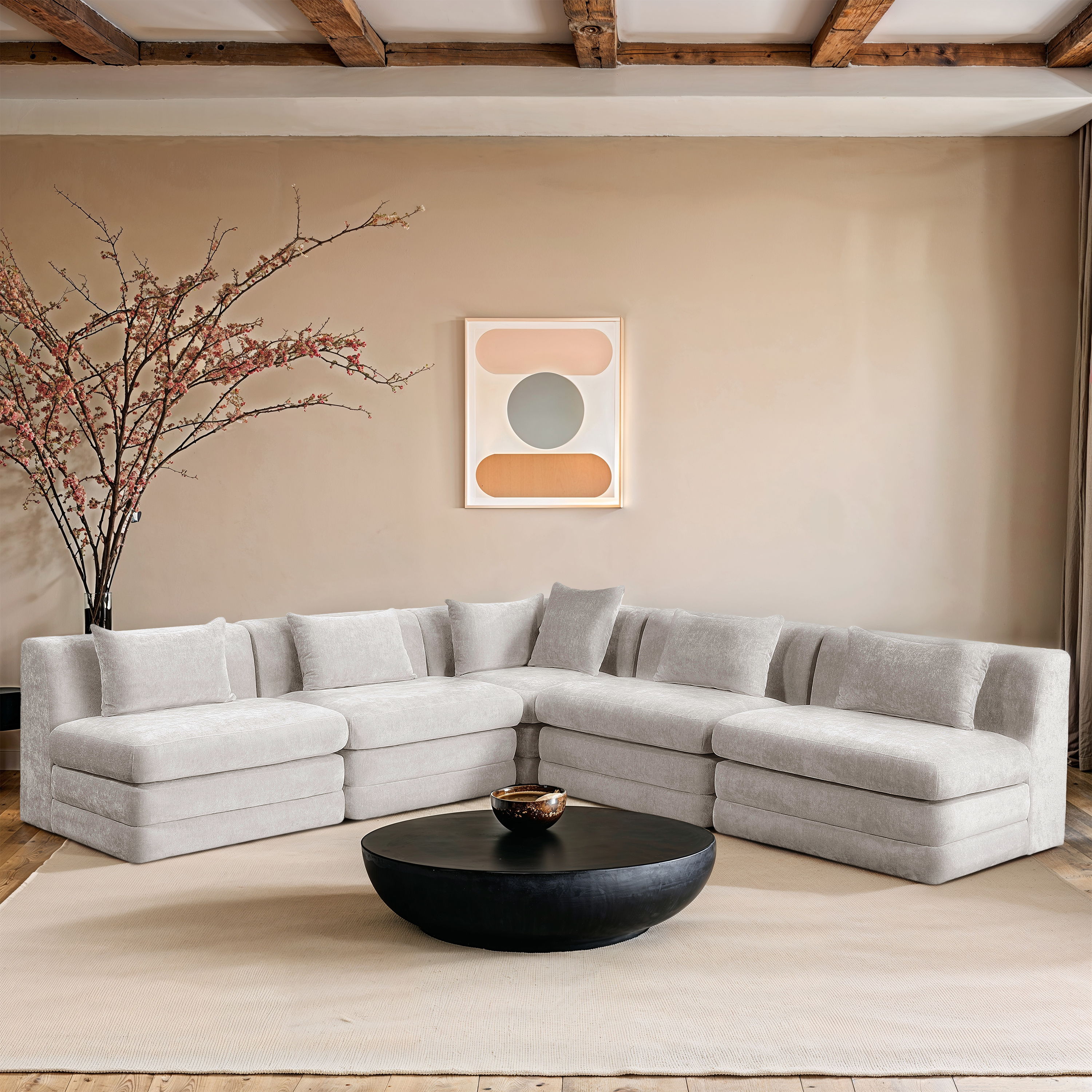 Stellar - 5 Piece Chenille Fabric 114" Upholstered Modular Sectional - Cream