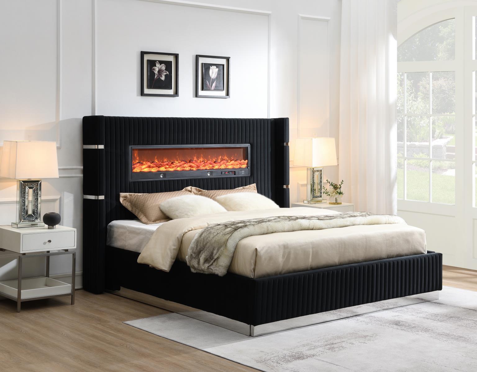 B543 - Velvet King Bed With Fireplace & Bluetooth Speaker & USB - Black
