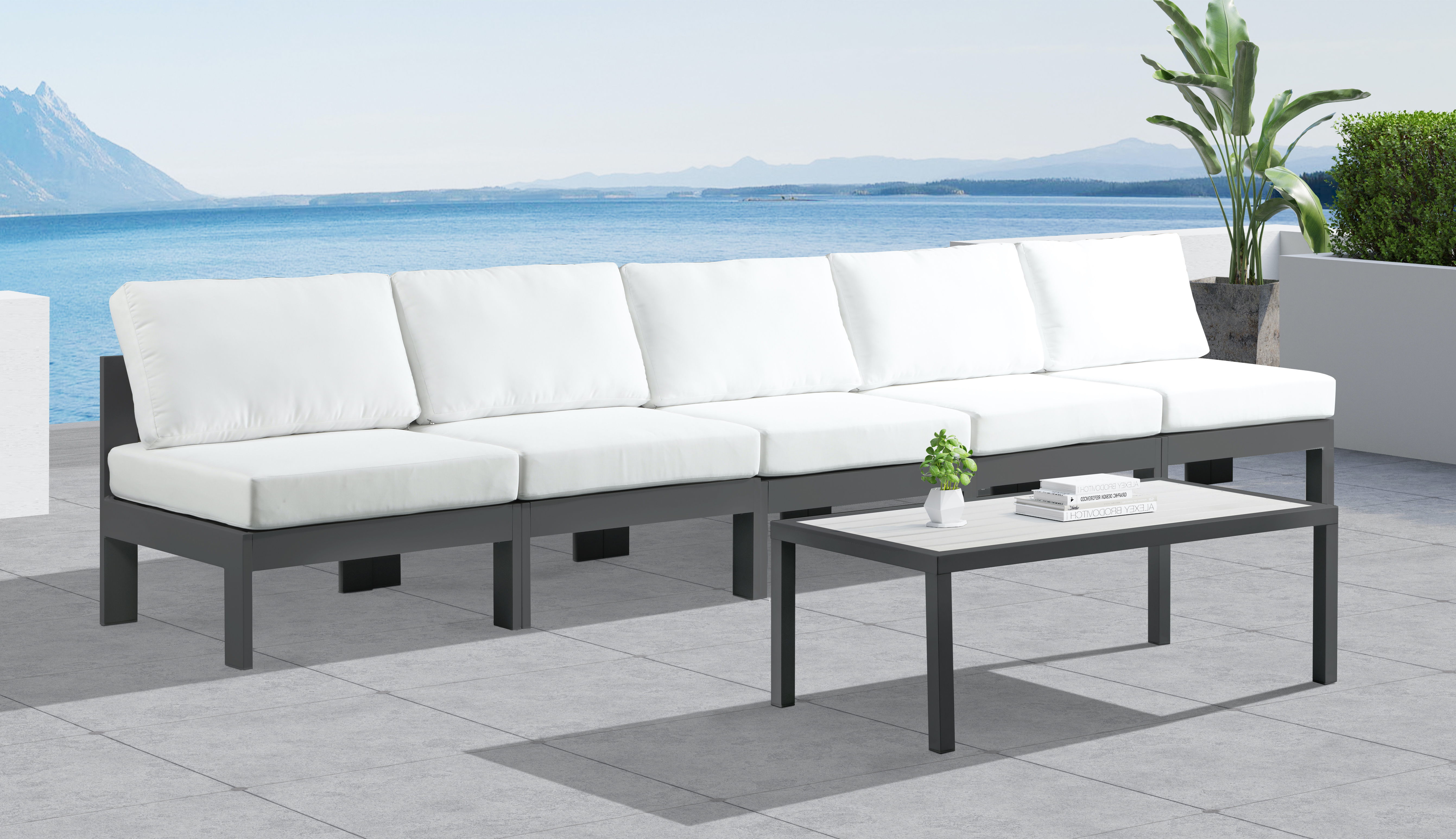 Nizuc - Outdoor Patio 5 Piece Modular Armless Sofa With Gray Frame - White