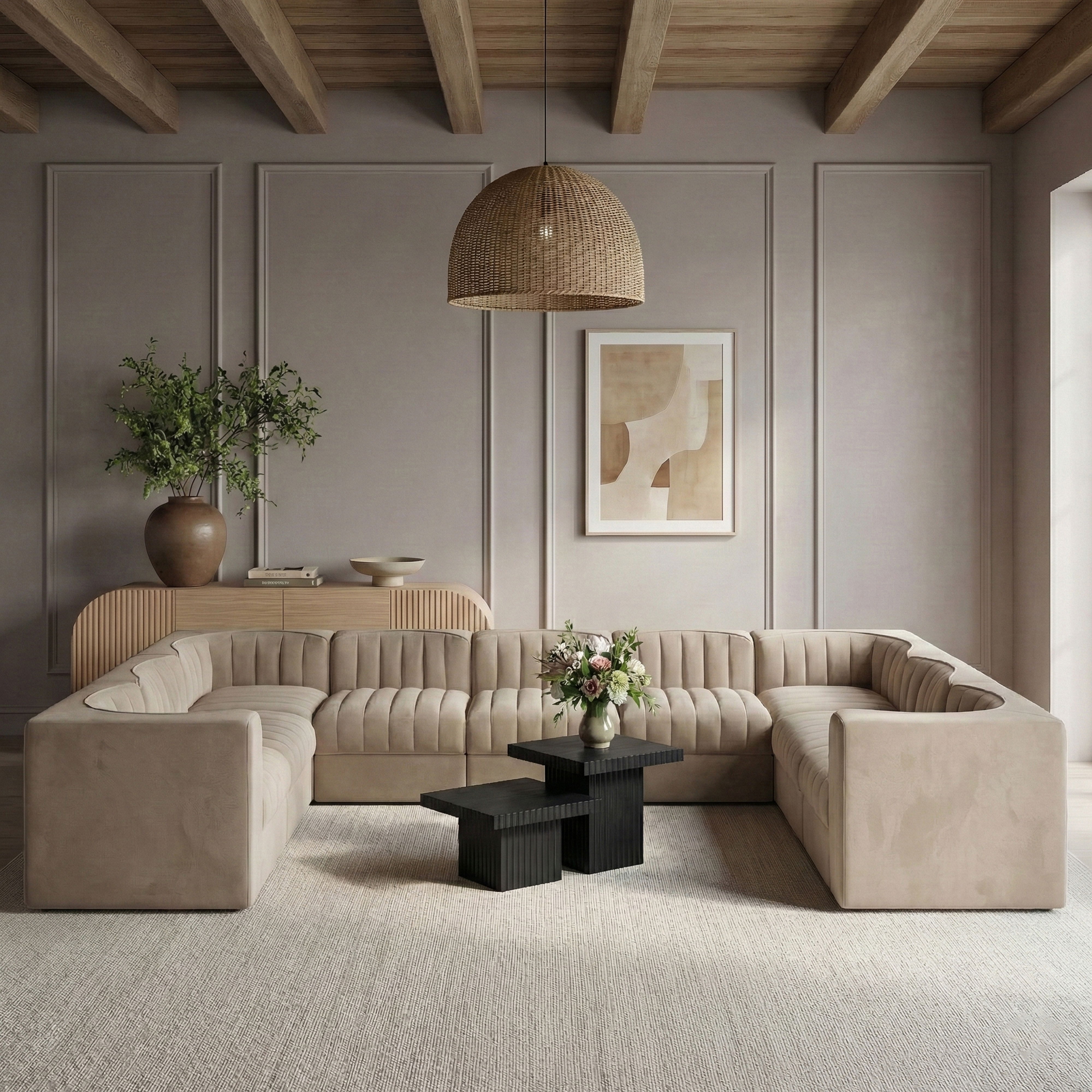 Rummi - Velvet Performance Fabric Upholstered 9 Piece Modular Sectional - Beige