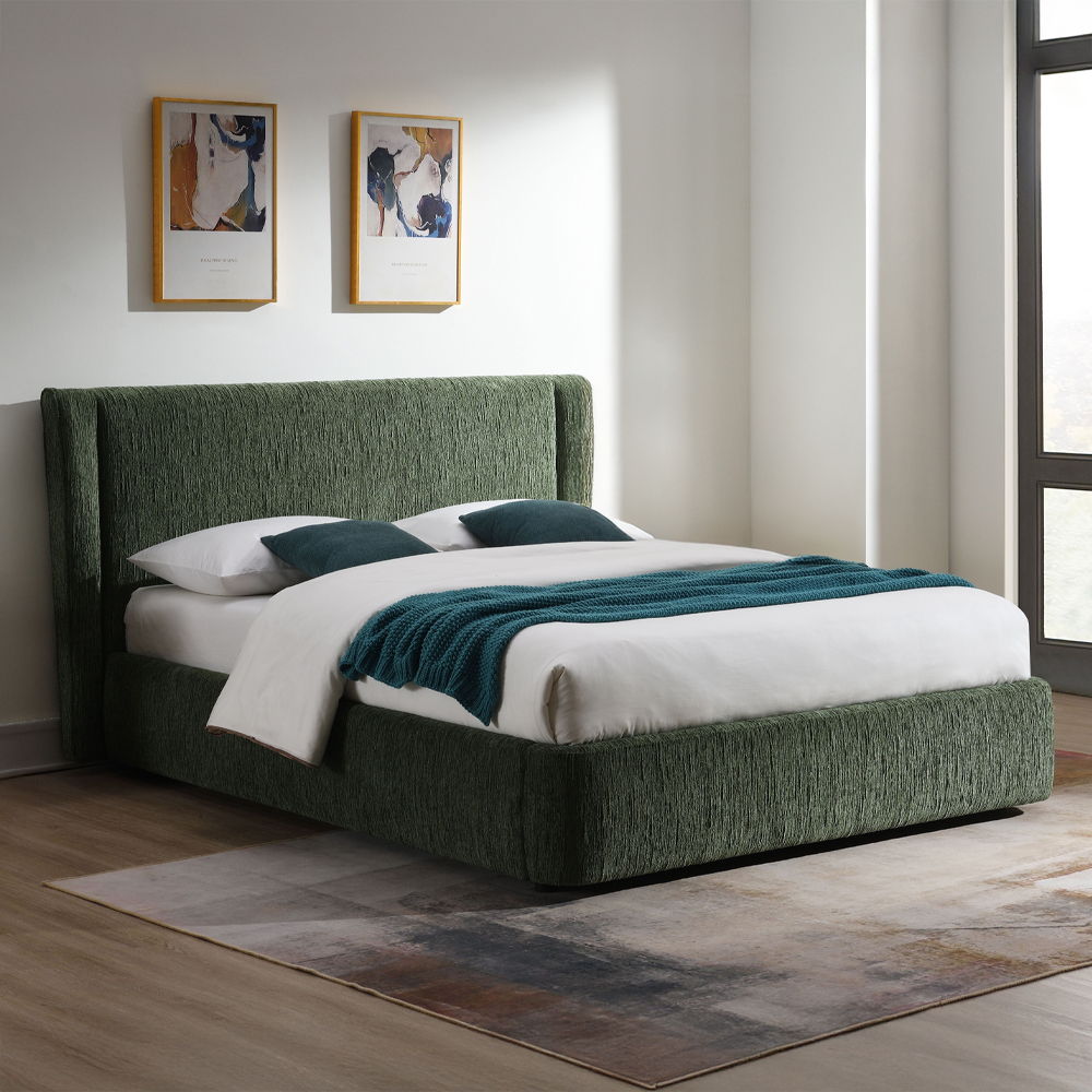 Cheryl - Queen Bed - Dark Green Chenille, dark green
