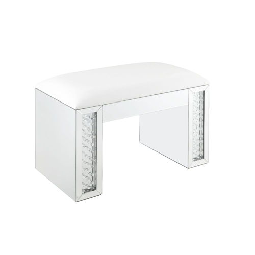 Nysa - Vanity Stool - Ivory Synthetic Leather , Mirrored & Faux Crystals, silver