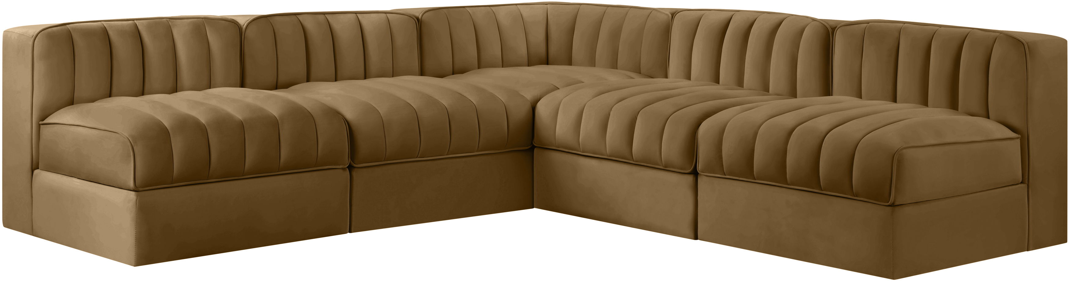 Rummi - Armless Velvet Performance Fabric Upholstered 5 Piece Modular Sectional - Saddle