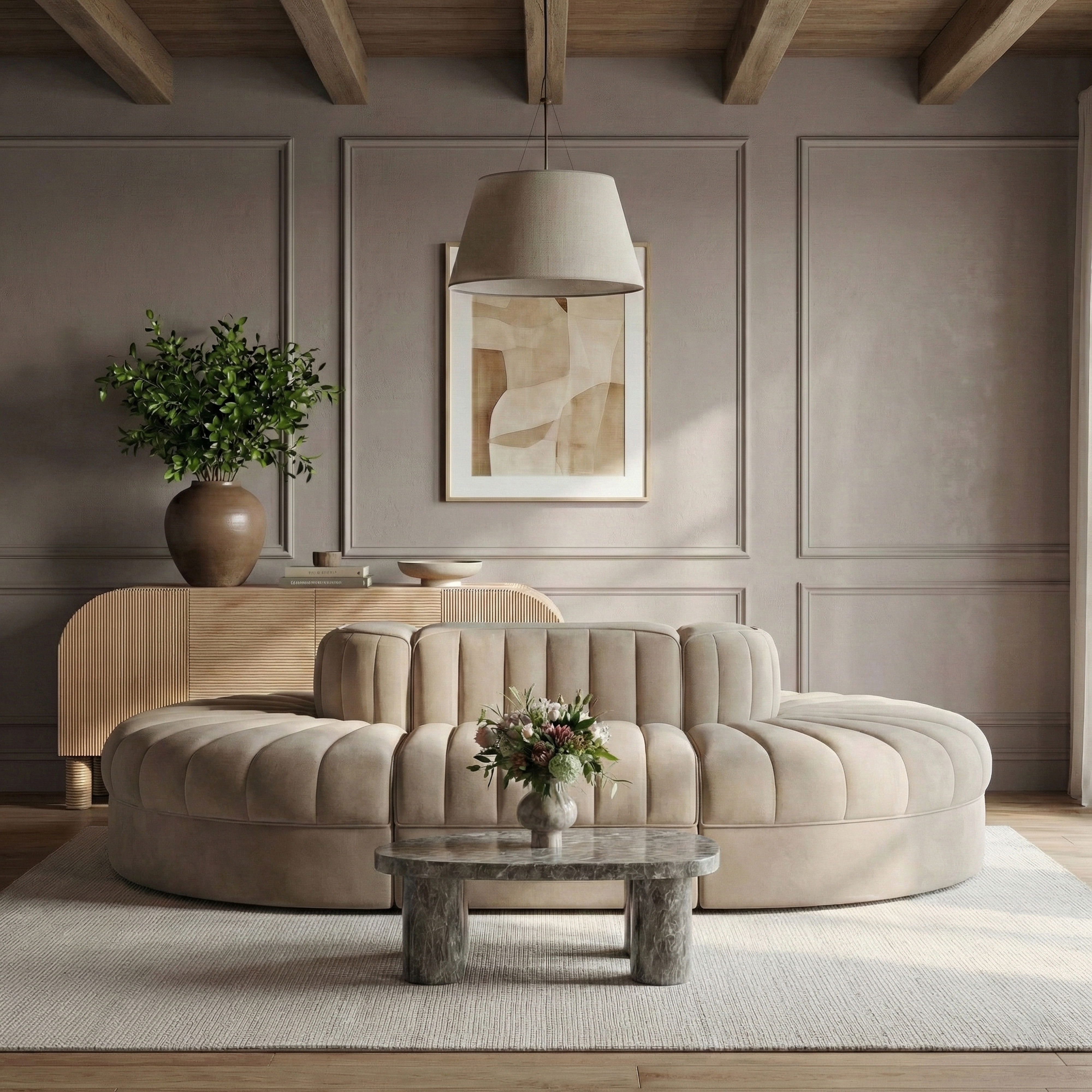 Rummi - Oval Velvet Performance Fabric Upholstered 6 Piece Modular Sectional - Beige