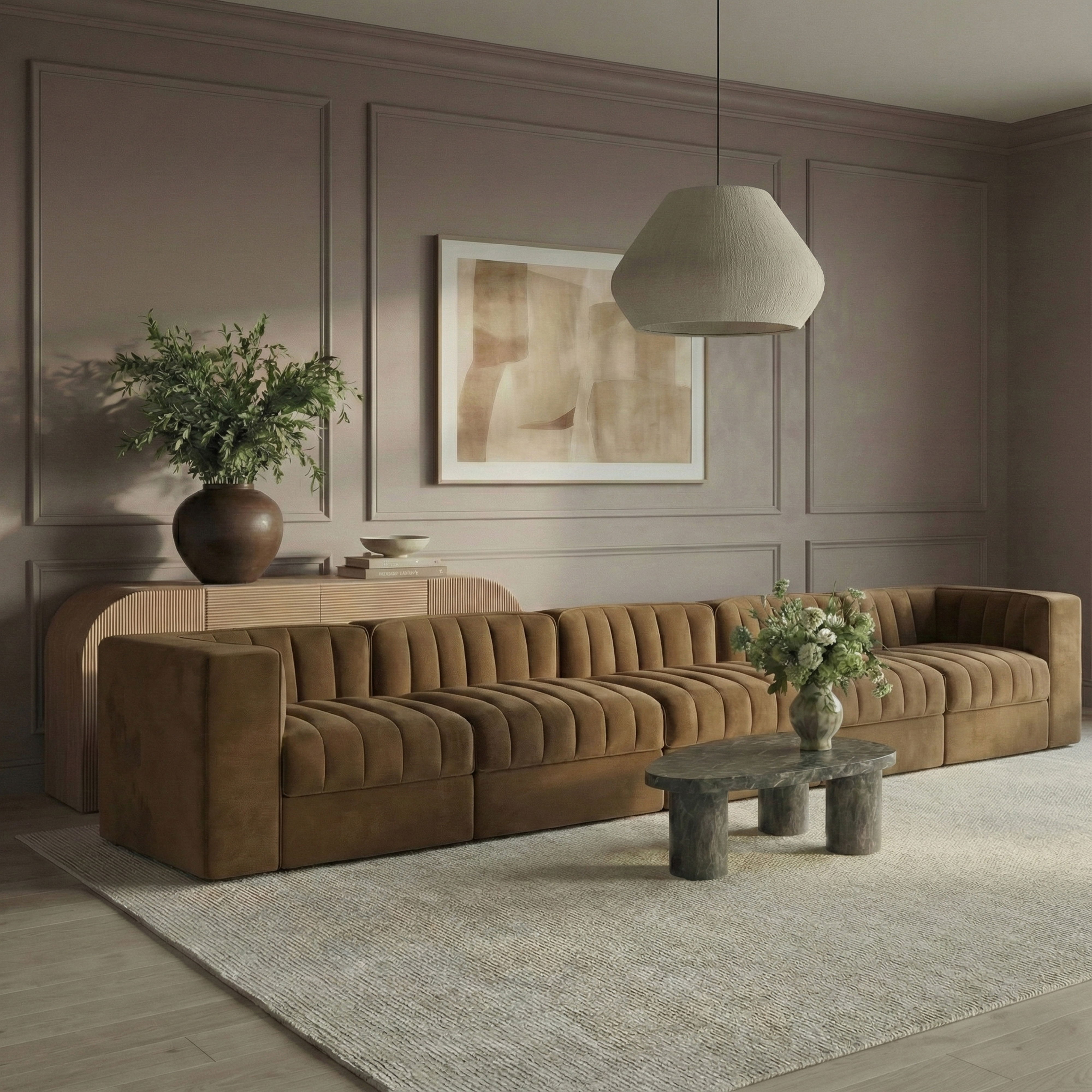 Rummi - Velvet Performance Fabric Upholstered 5 Piece Modular Sofa - Saddle