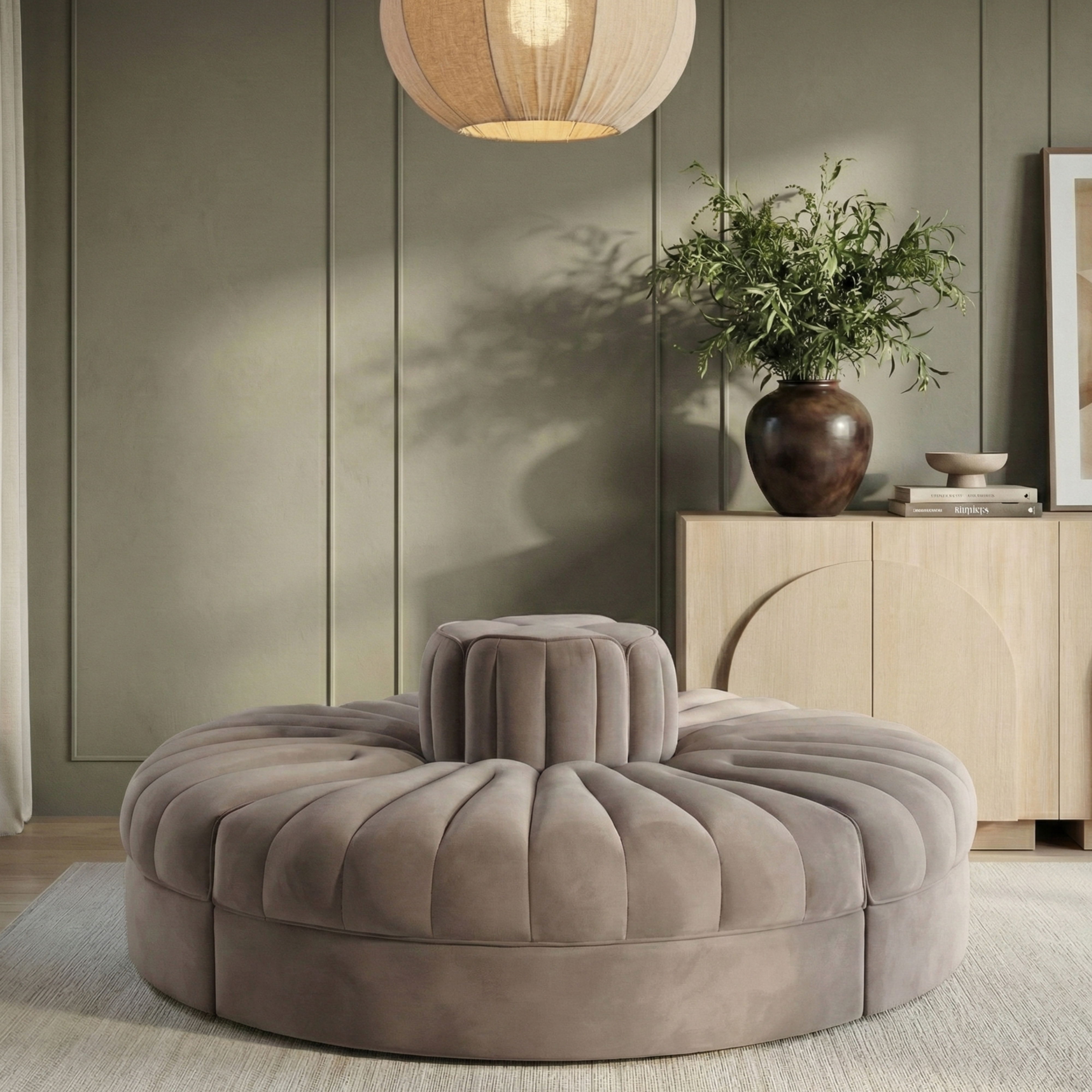 Rummi - Round Velvet Performance Fabric Upholstered 4 Piece Modular Sofa - Taupe