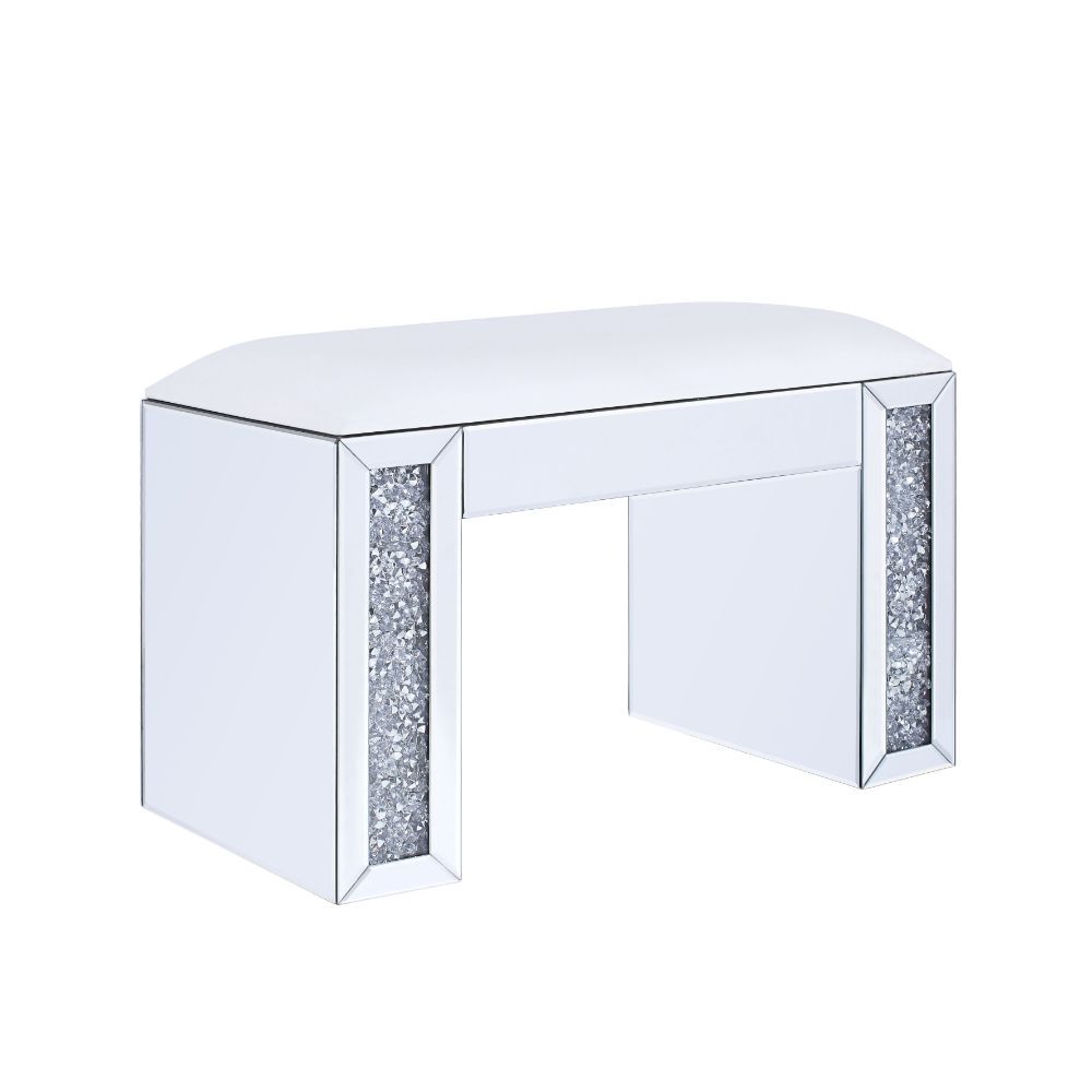 Noralie - Vanity Stool - Synthetic Leather , Mirrored & Faux Diamonds, silver