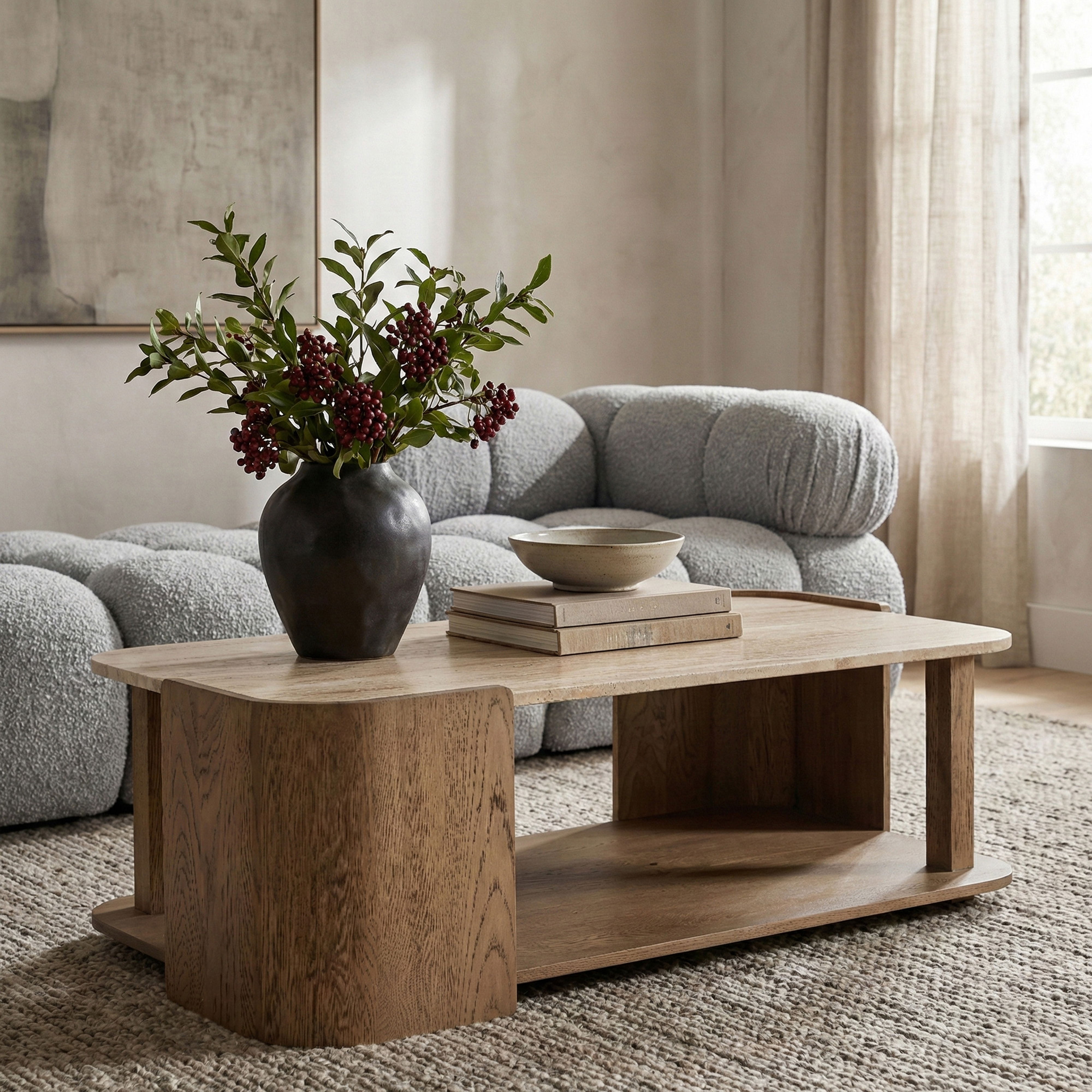 Calabria - Marble And Oak Wood Coffee Table - Beige / Brown