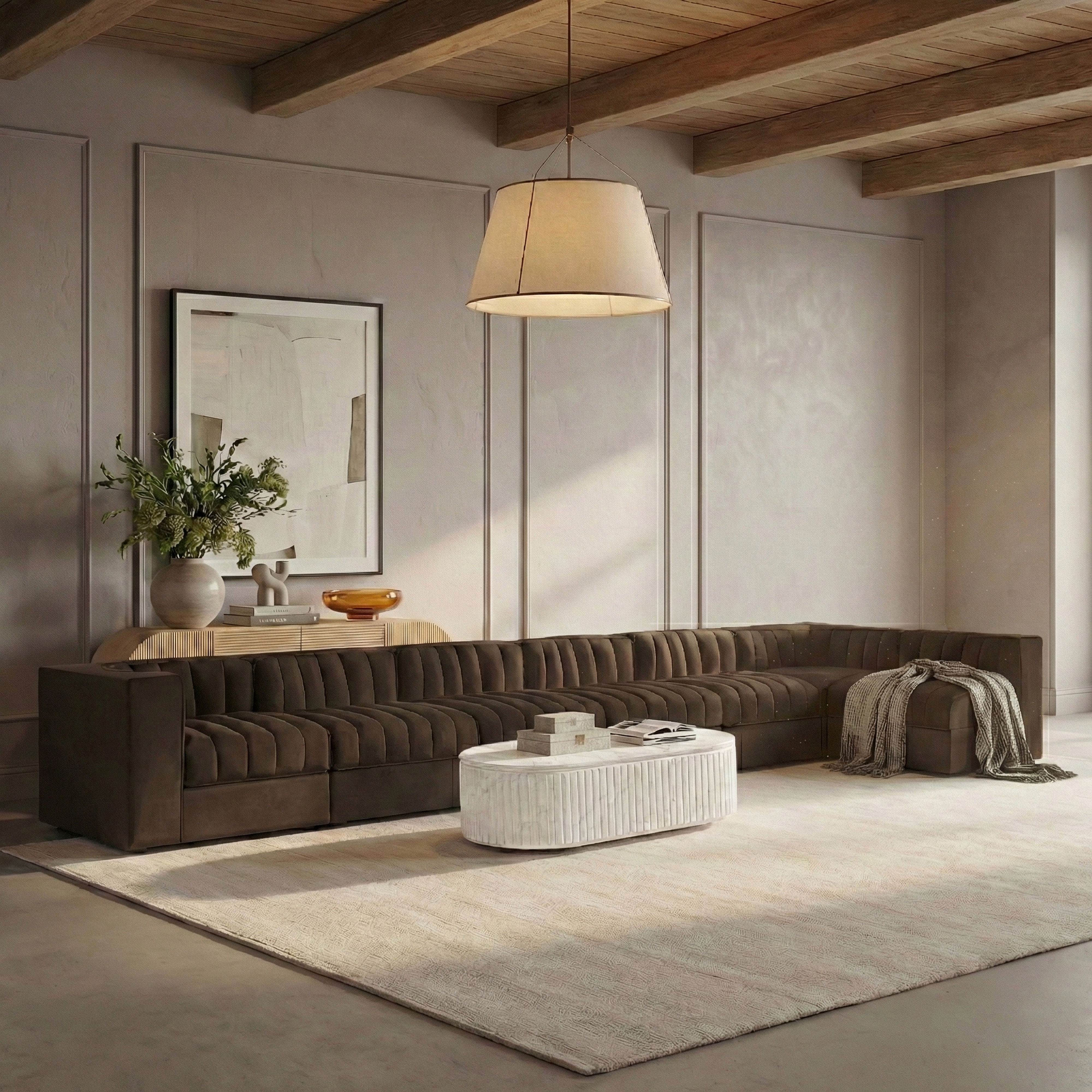 Rummi - Velvet Performance Fabric Upholstered 7 Piece Modular Sectional, L-Shaped (Right) - Brown