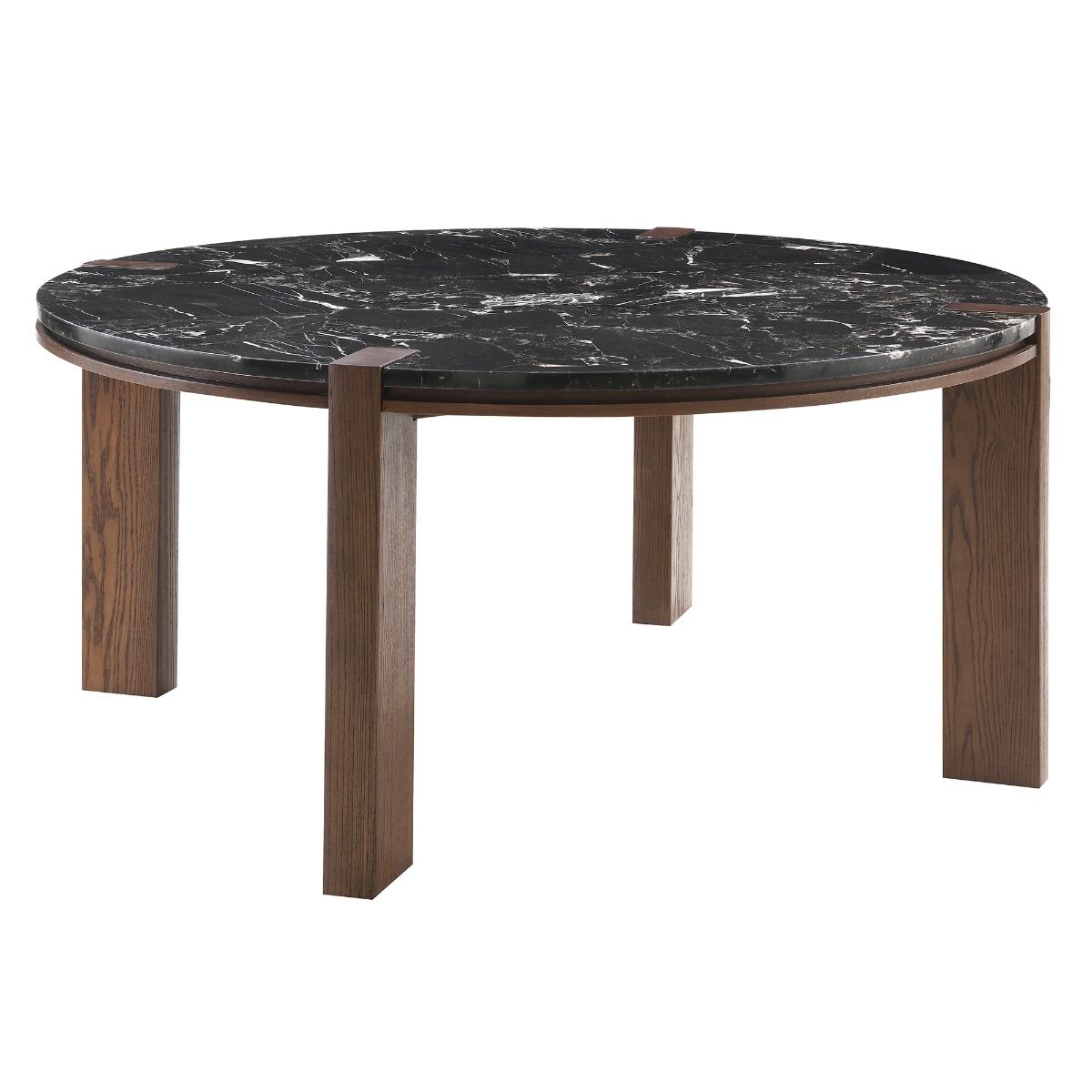 Estella - Round Dining Table With Natural Marble Top - Black Top & Walnut, dark brown, view 3