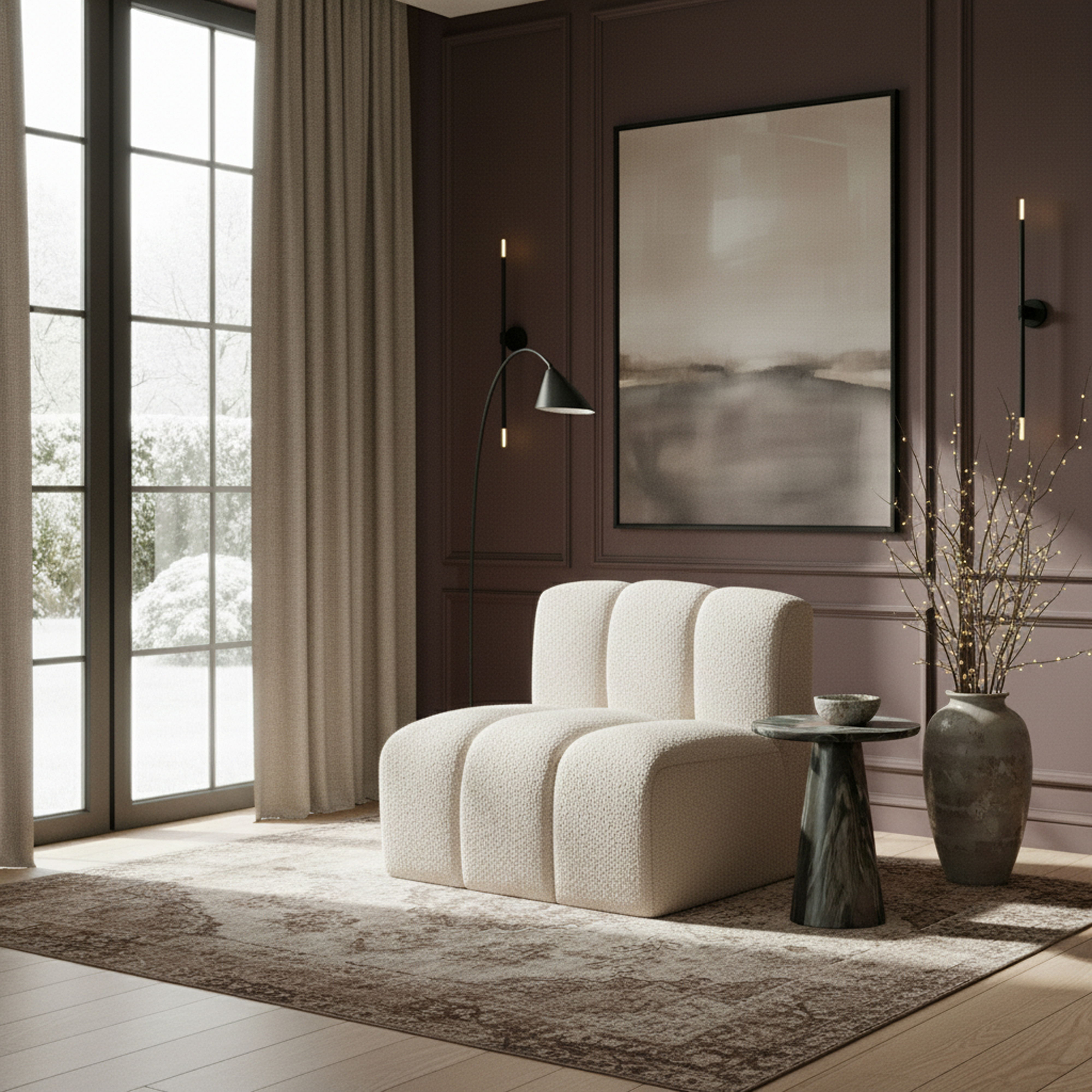 Arc - Boucle Fabric Straight Chair - Cream