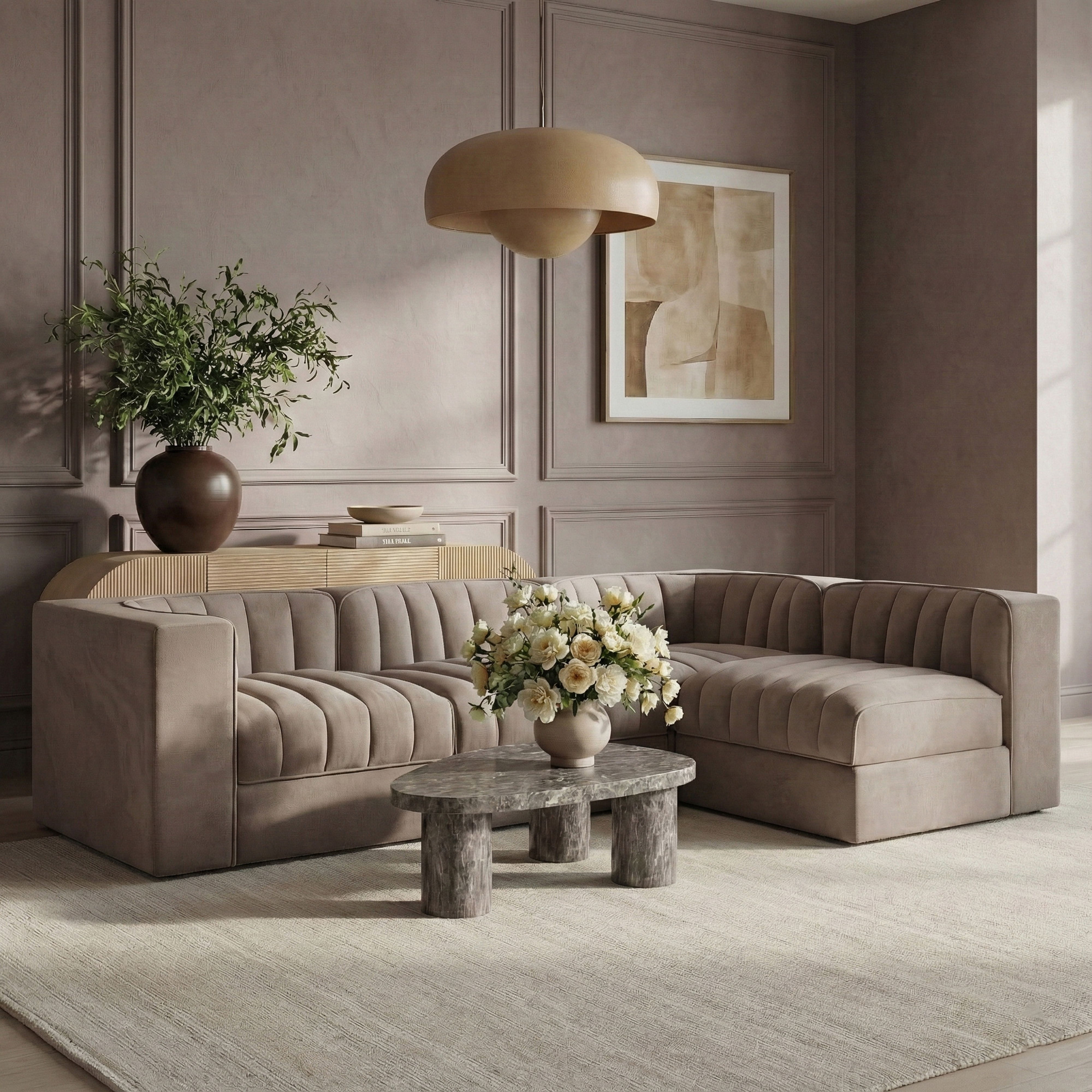 Rummi - Velvet Performance Fabric Upholstered 4 Piece Modular Sectional - Taupe