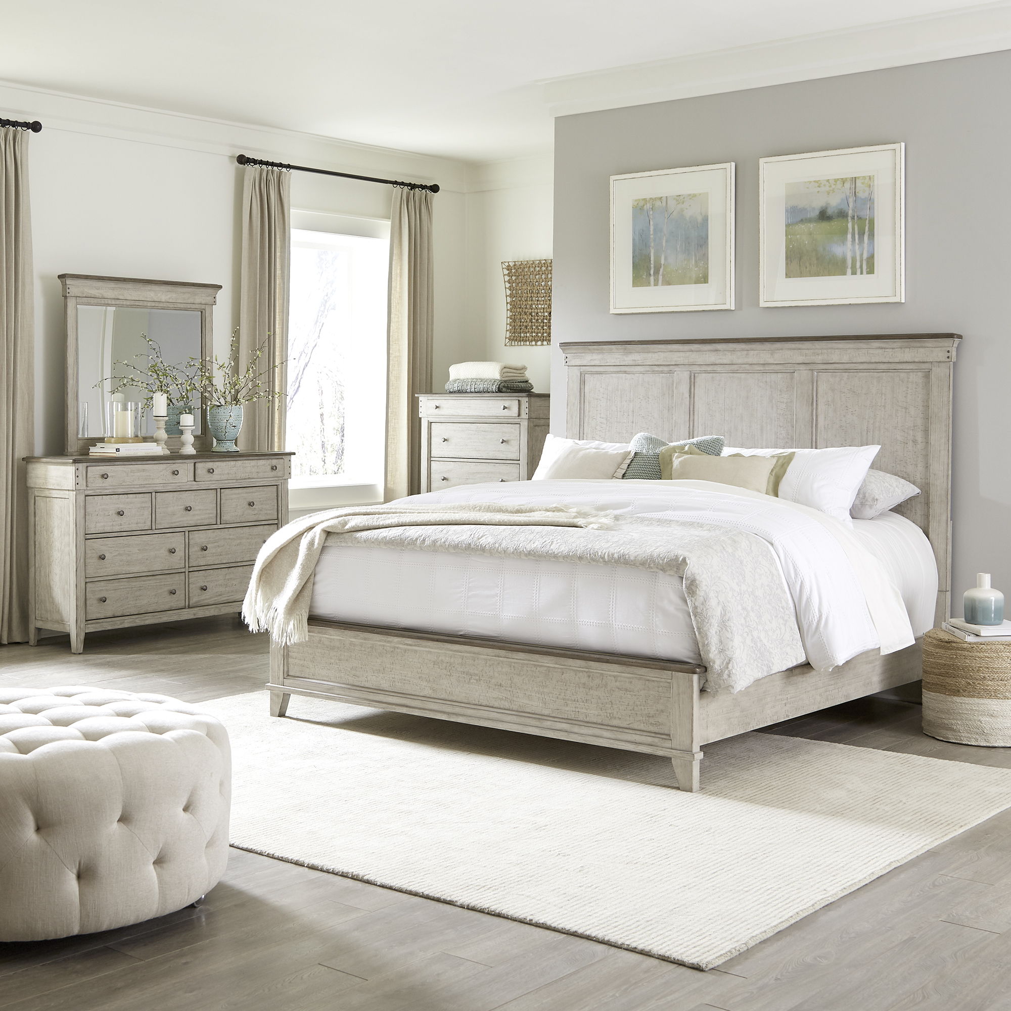 Liberty Furniture Ivy Hollow - 4 Piece Bedroom Set (King Panel Bed, Dresser & Mirror, Chest) - White