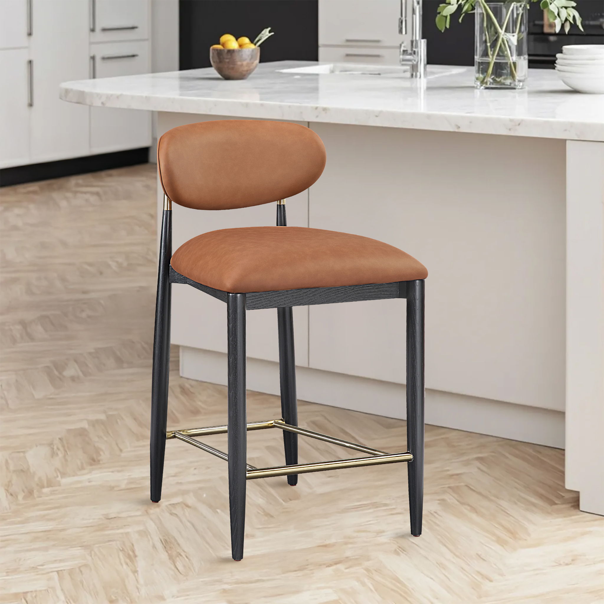 Riccio - Vegan Leather Upholstered Stool - Cognac