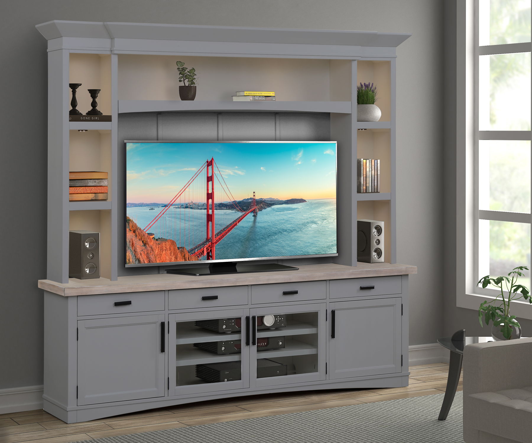 Parker House Americana Modern - TV Console with Hutch, Backpanel and LED Lights - Dove