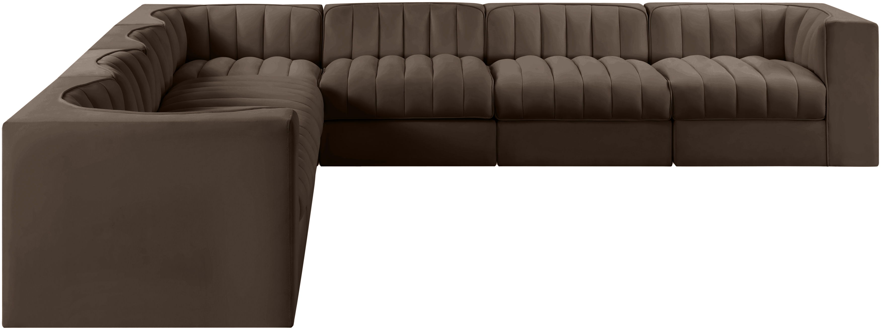 Rummi - Symmetrical Velvet Performance Fabric Upholstered 7 Piece Modular Sectional (With 3 Corner Chairs) - Brown