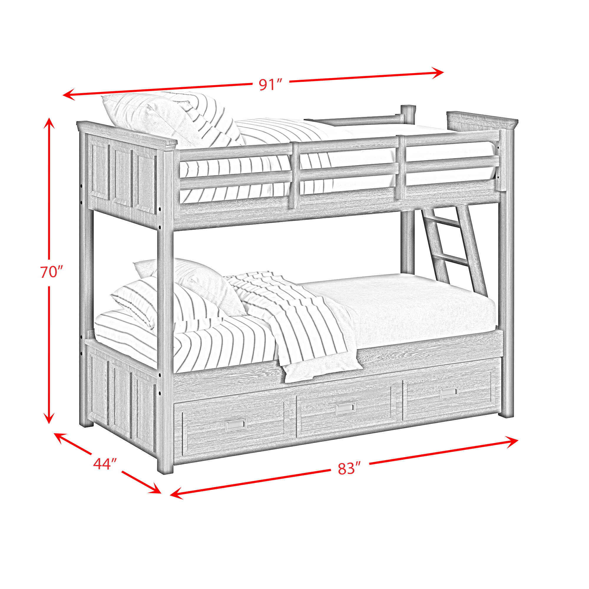 Hampton Kids - Twin Over Twin Bunk With Ladder And Trundle - Charcoal