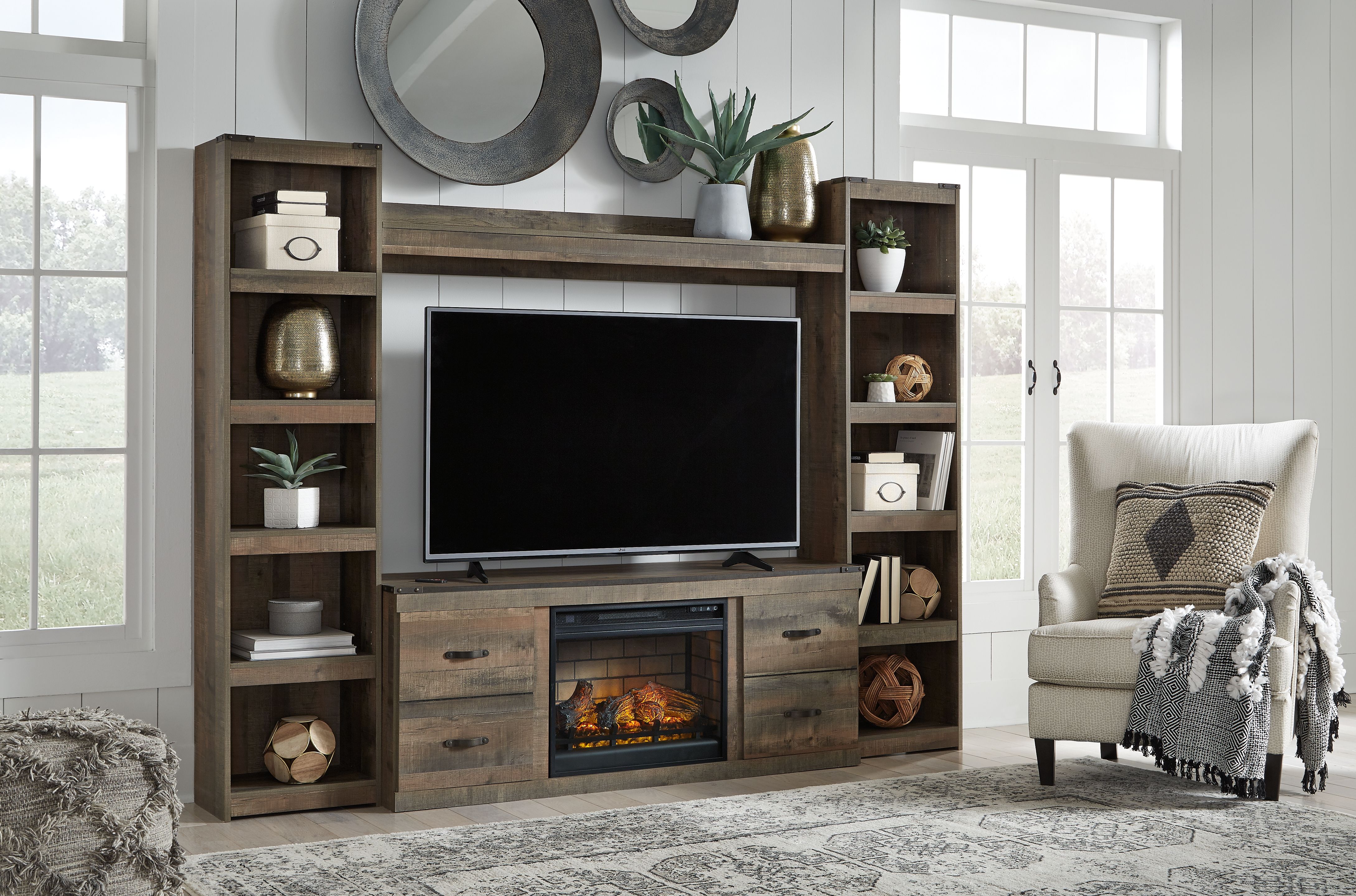 Trinell - 4-Piece Entertainment Center With 60" TV Stand And Faux Firebrick Fireplace Insert - Brown
