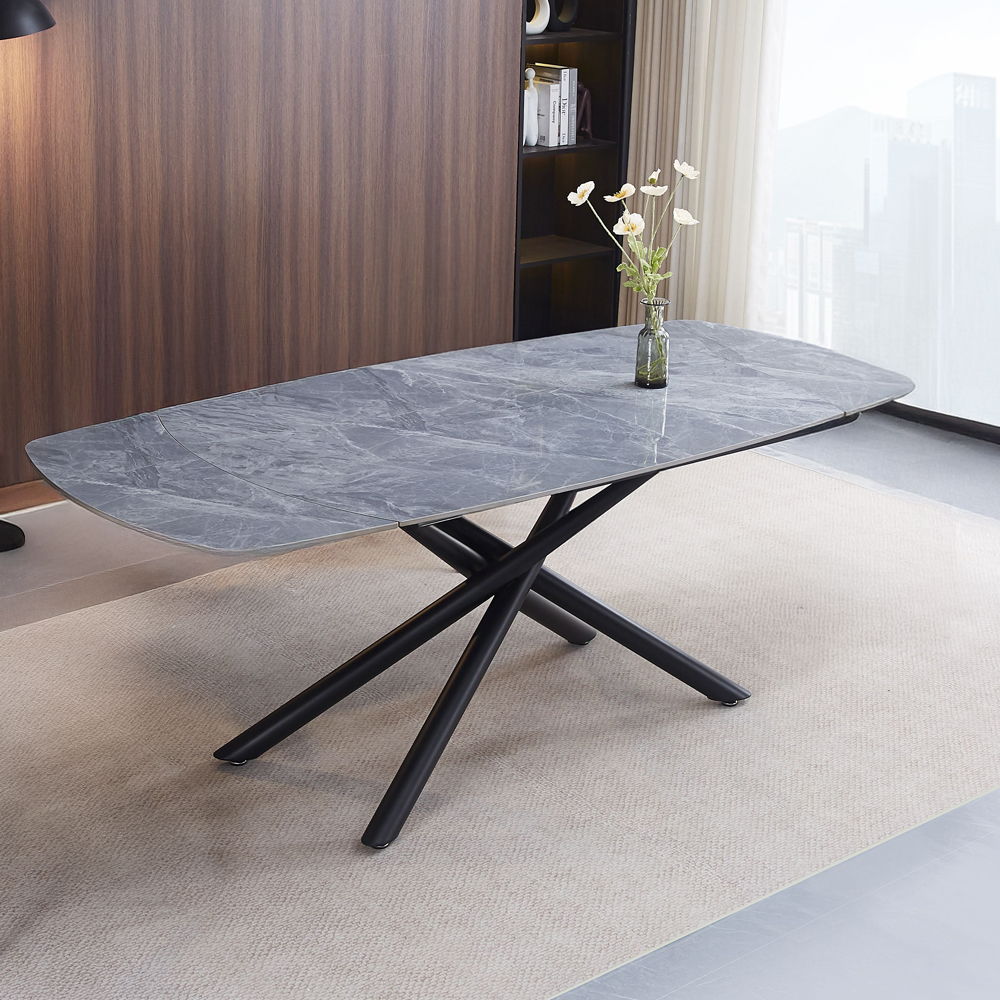 Hester - Ceramic Top Dining Table - Gray & Black, gray
