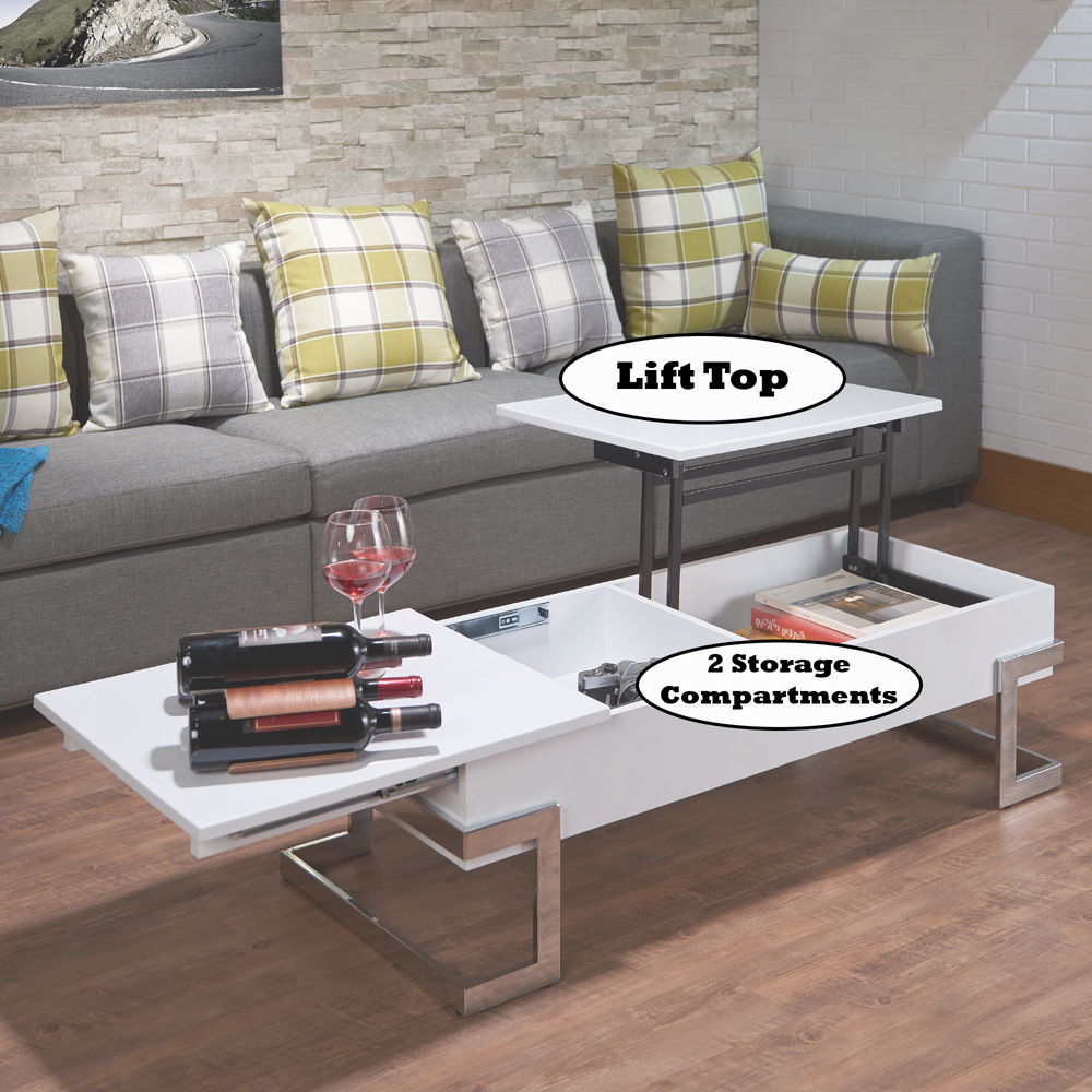Calnan - Coffee Table With Lift Top - White High Gloss & Chrome, white, view 6