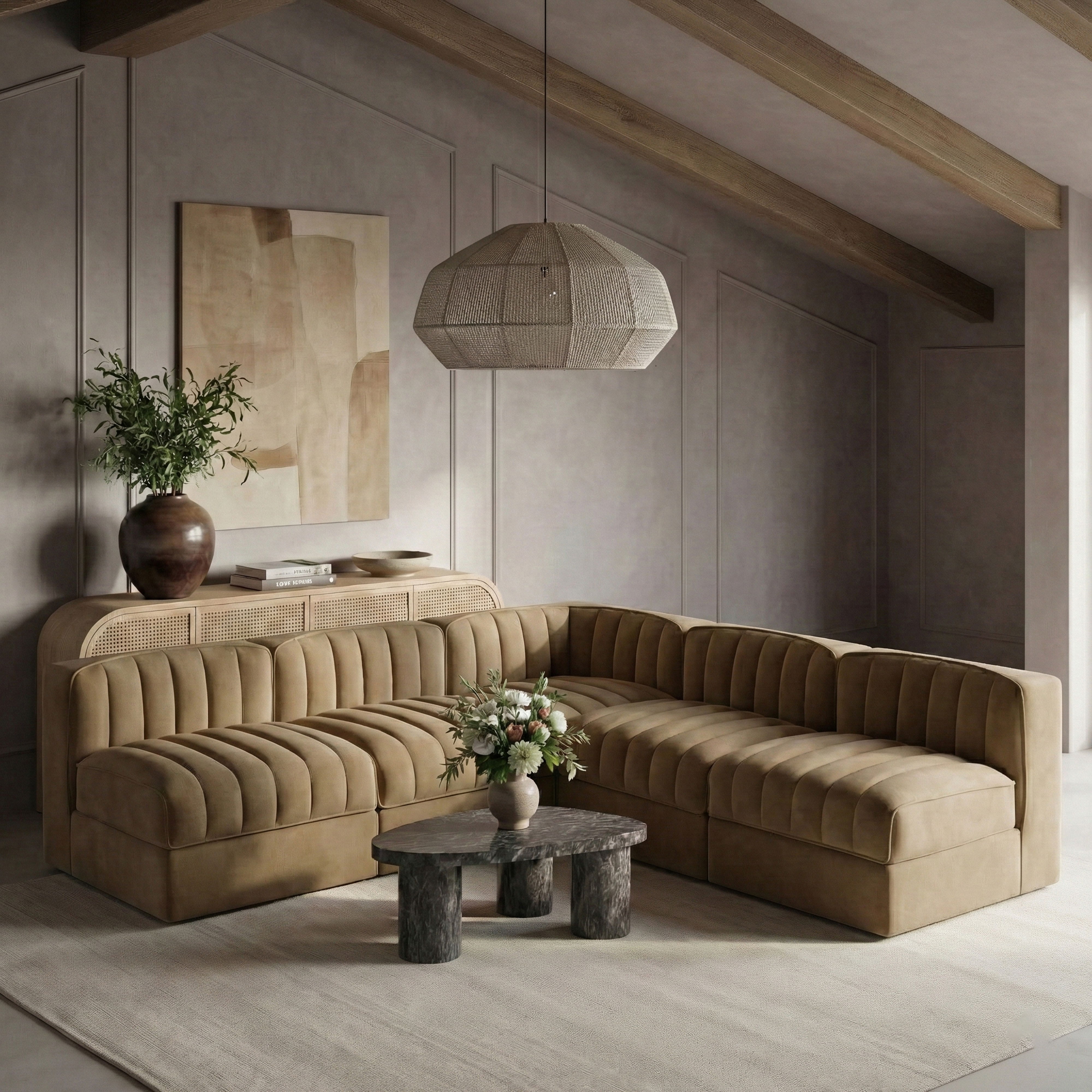 Rummi - Armless Velvet Performance Fabric Upholstered 5 Piece Modular Sectional - Saddle