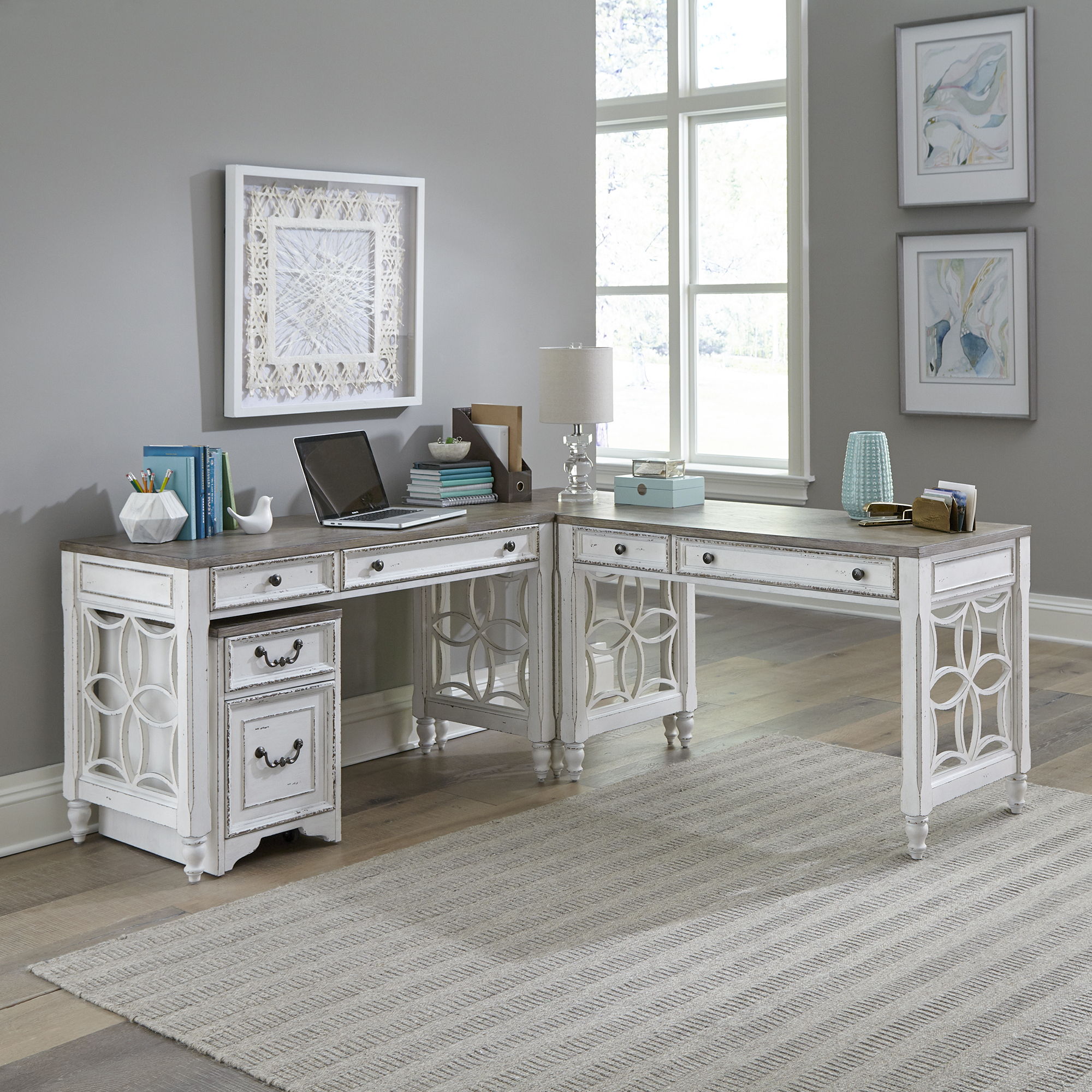 Liberty Furniture Magnolia Manor - 5 Piece Home Office Set (L Shaped Desk With Corner Filler) - White