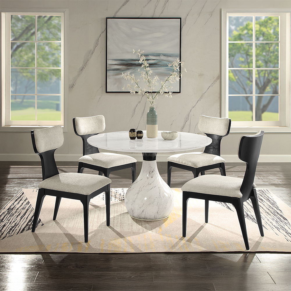 Koen - Round Dining Table, Engineering Marble Top - White & Black, white, view 7