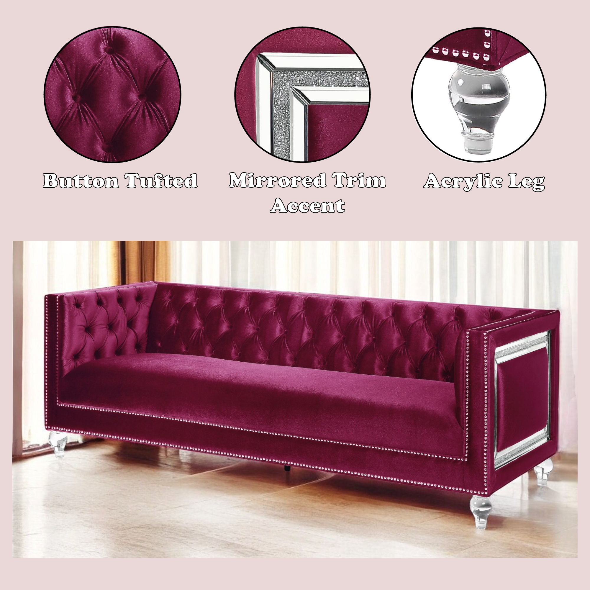 Heibero - Sofa With 2 Pillows (Same 56895) - Burgundy Velvet, purple