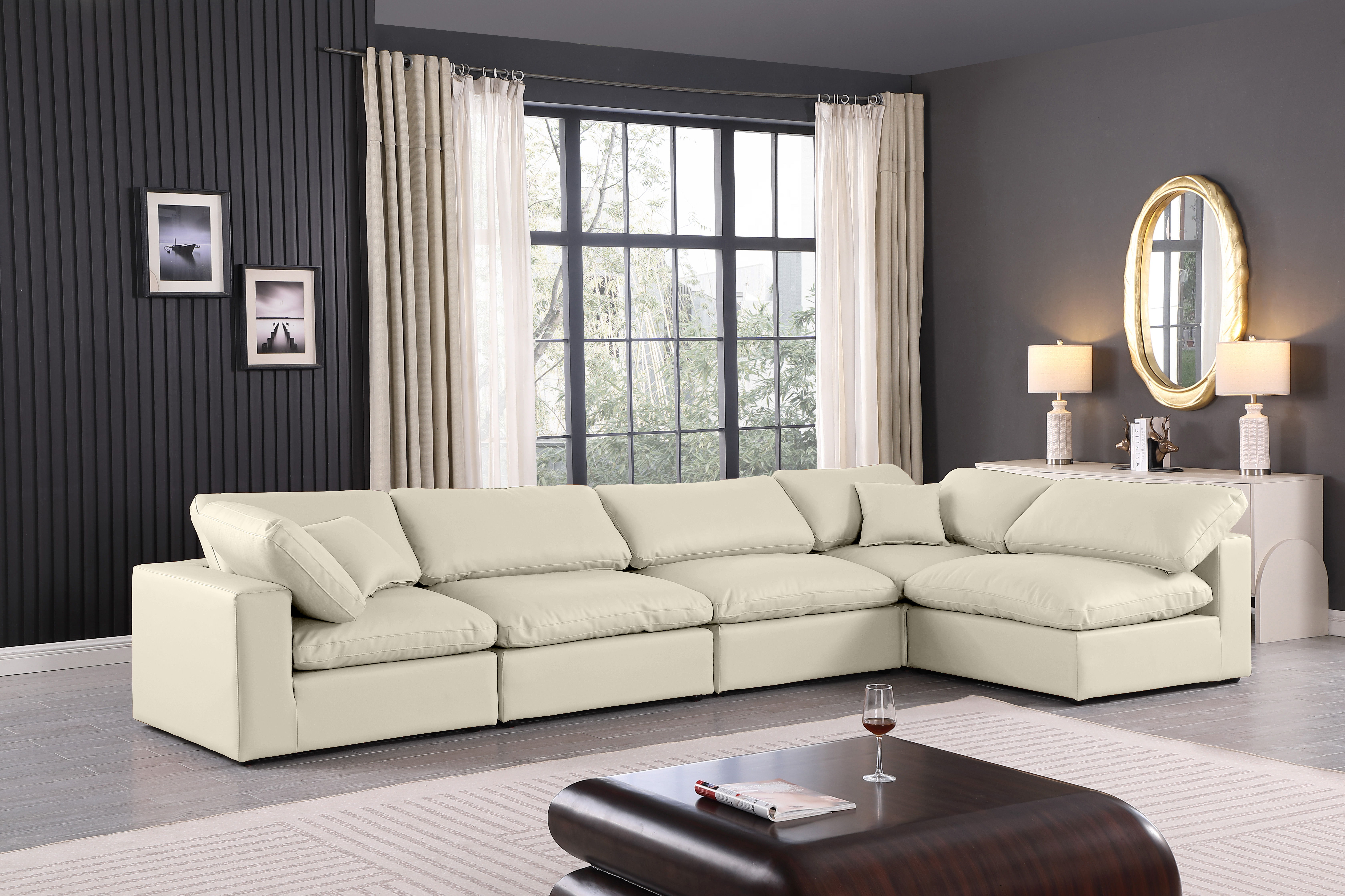 Comfy - 5 Piece Faux Leather Modular Sectional - Cream