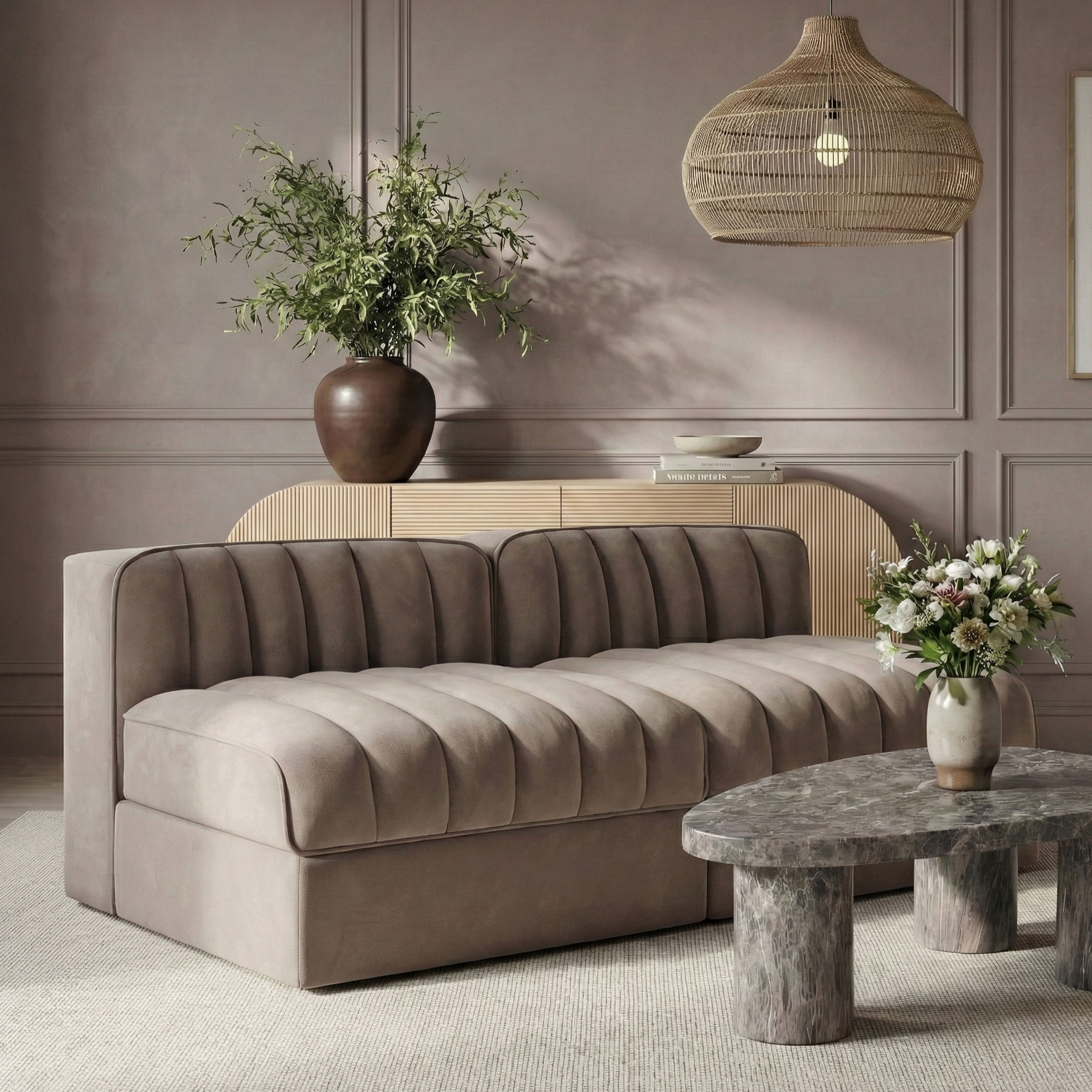 Rummi - Velvet Performance Fabric Upholstered 2 Piece Modular Armless Loveseat - Taupe