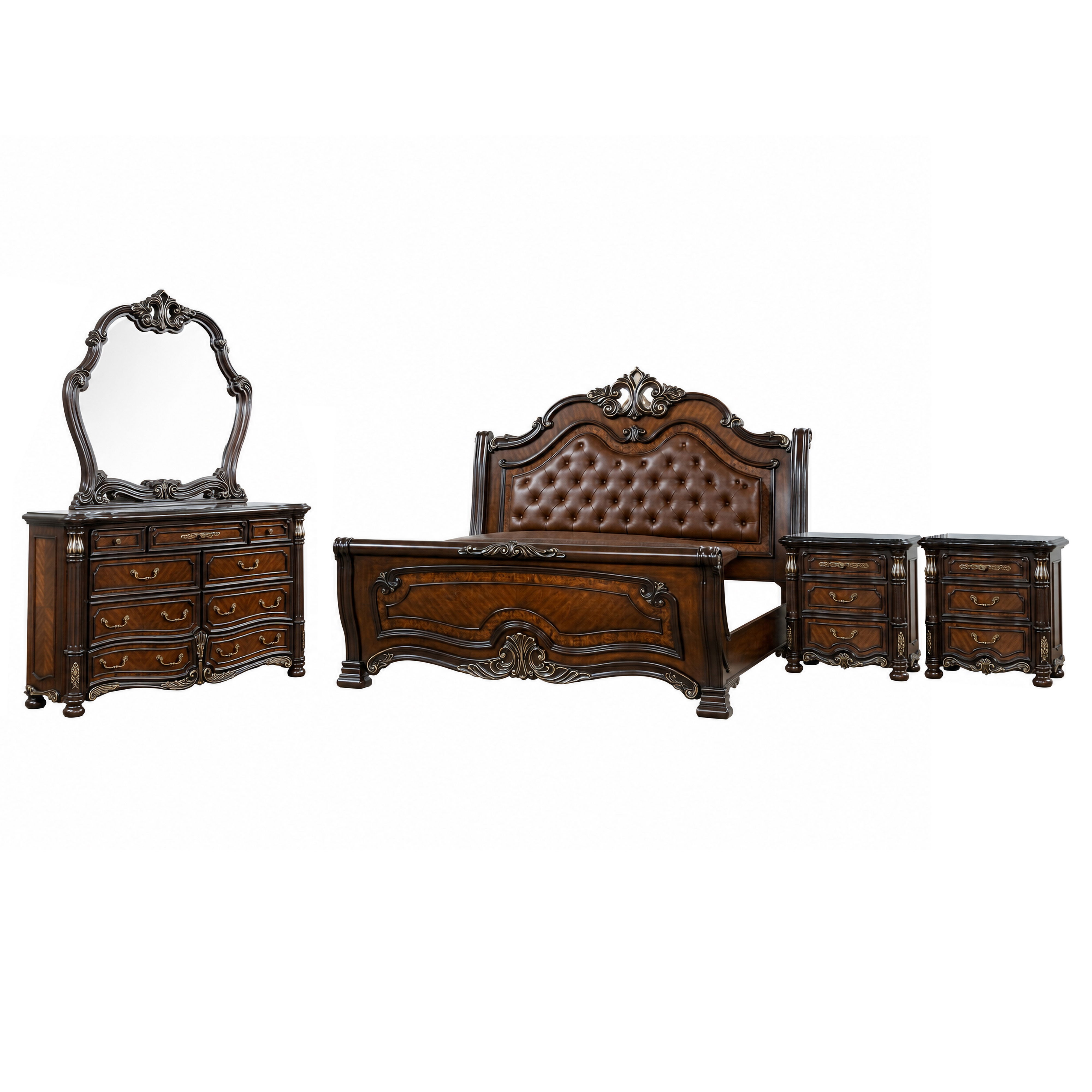 King · 5 Pc · Padded Sleigh Bed, Dresser, Mirror, 2 Nightstands