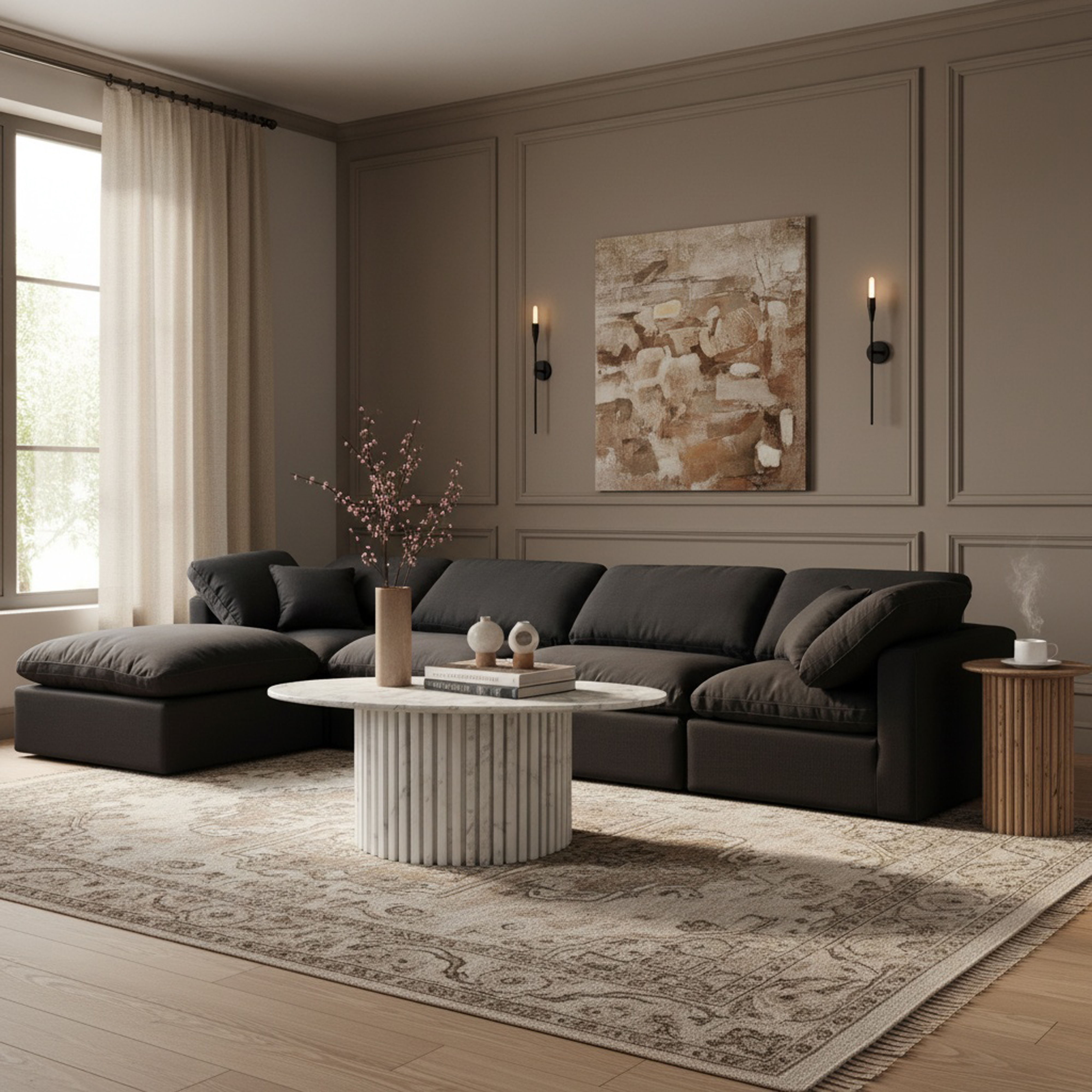 Indulge - Linen 5 Piece Modular Sectional With Chaise - Black