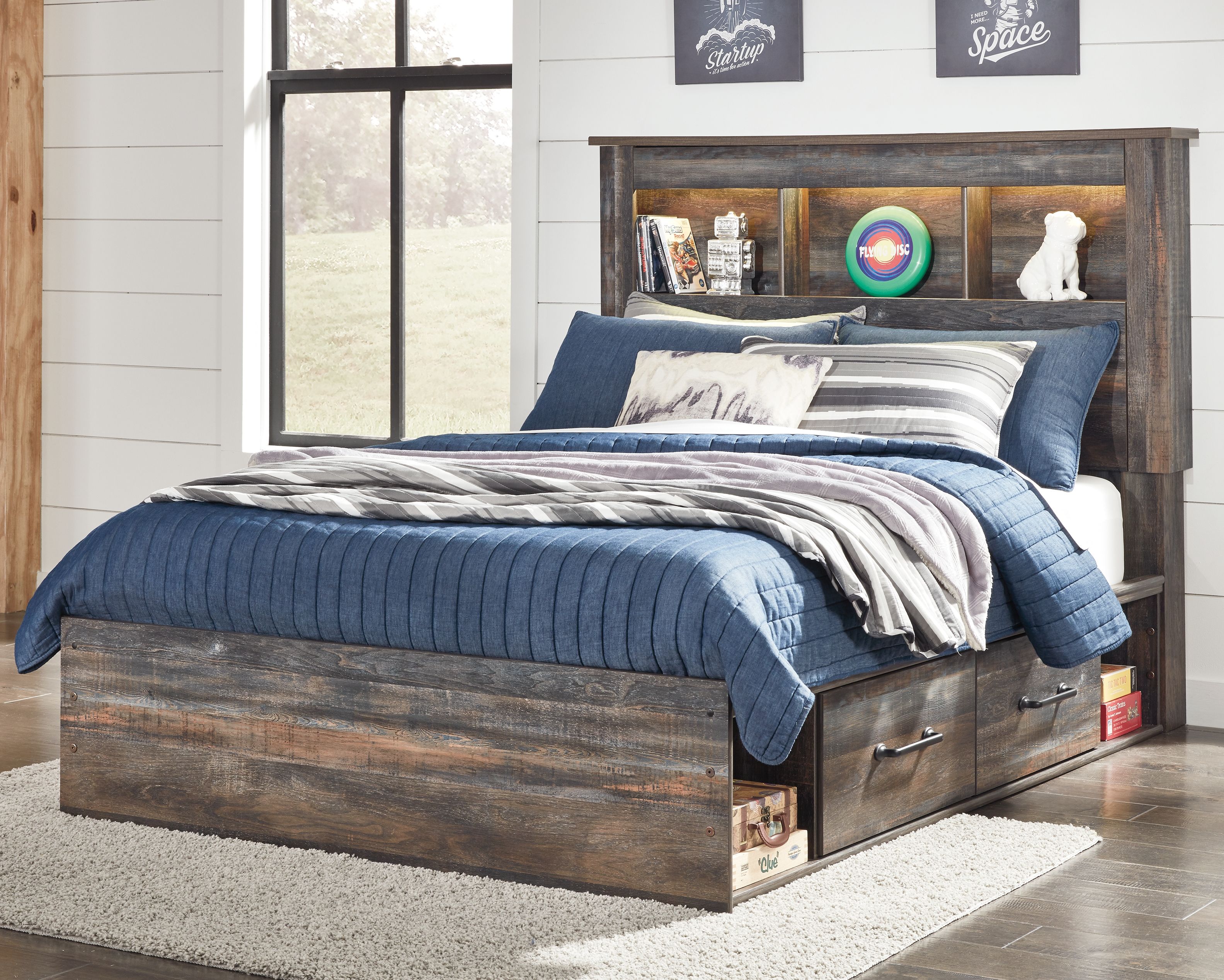 Drystan - Full Bookcase Bed With 2 Side Drawers - Brown / Beige