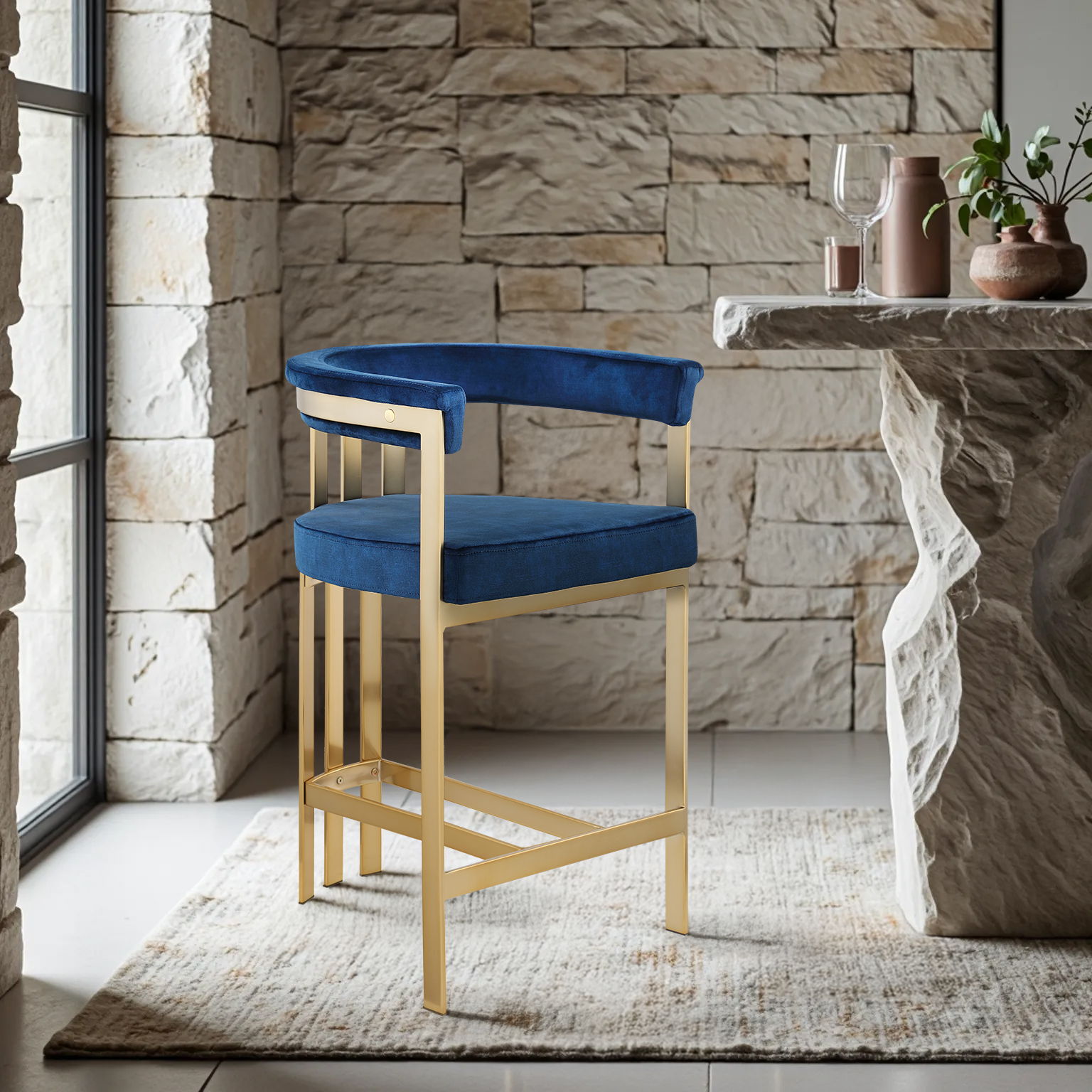 Marcello - Counter Stool With Brushed Gold Iron Frame (Set of 2) - Navy