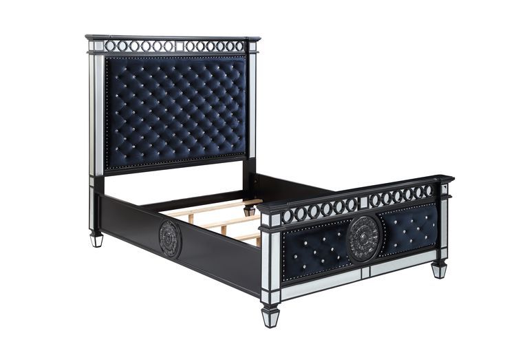 Varian II - Queen Bed - Mirrored, Dark Navy Blue Velvet & Black & Sliver, black, view 2