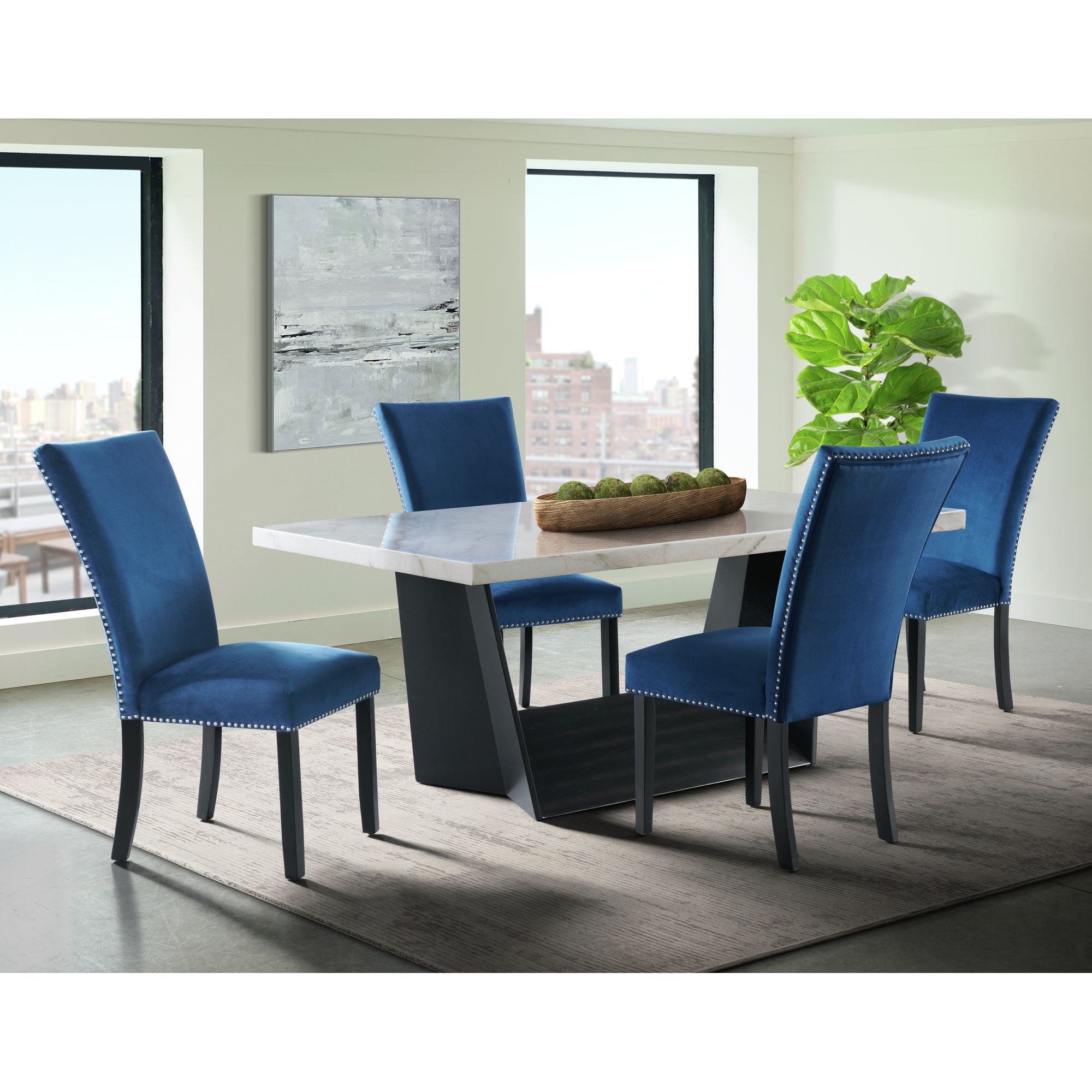 Beckley 5 Piece Dining Set White Table & Four Blue Velvet Chairs