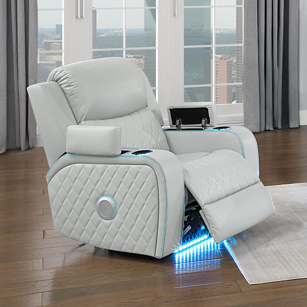 Elonzo - Power Motion Recliner With LED, Power Headrest & Speaker - Light Gray, light gray