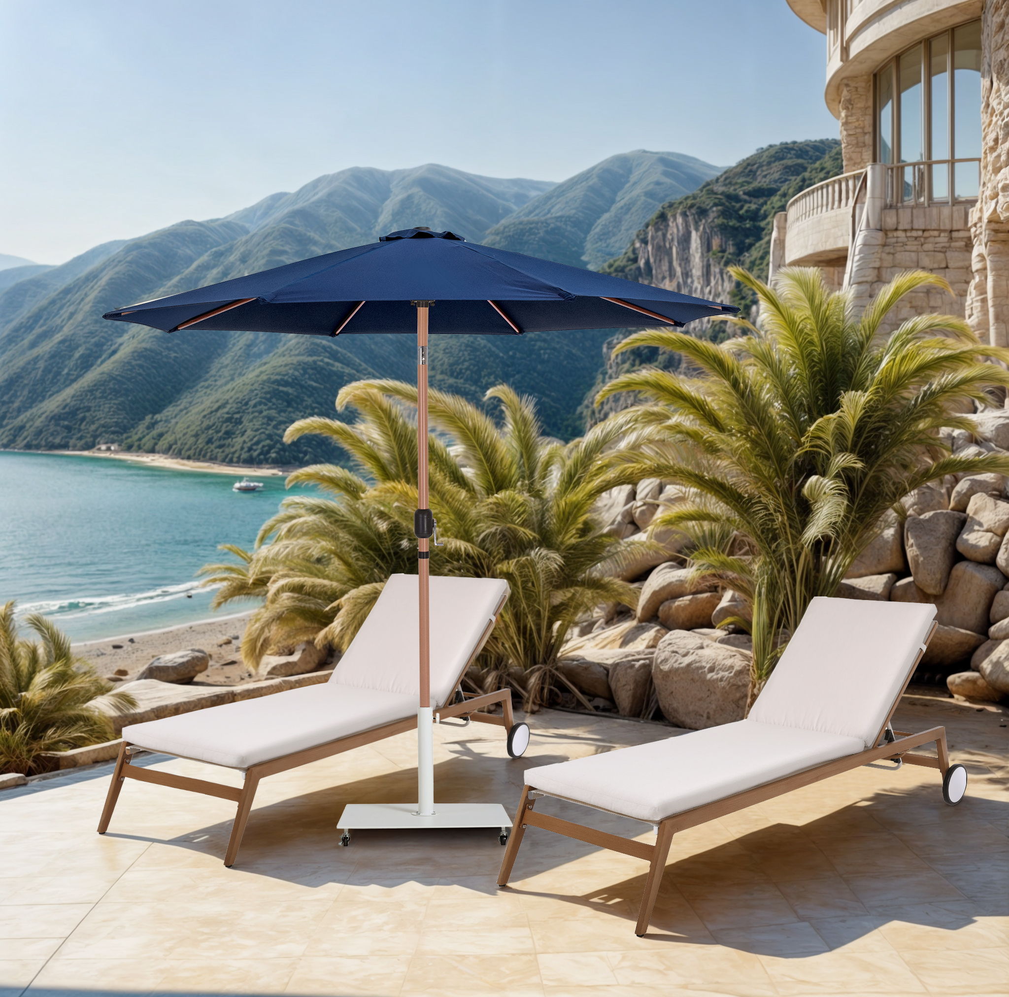 Fiji - Aluminum Patio Umbrella With Square White And Teak Base - Navy